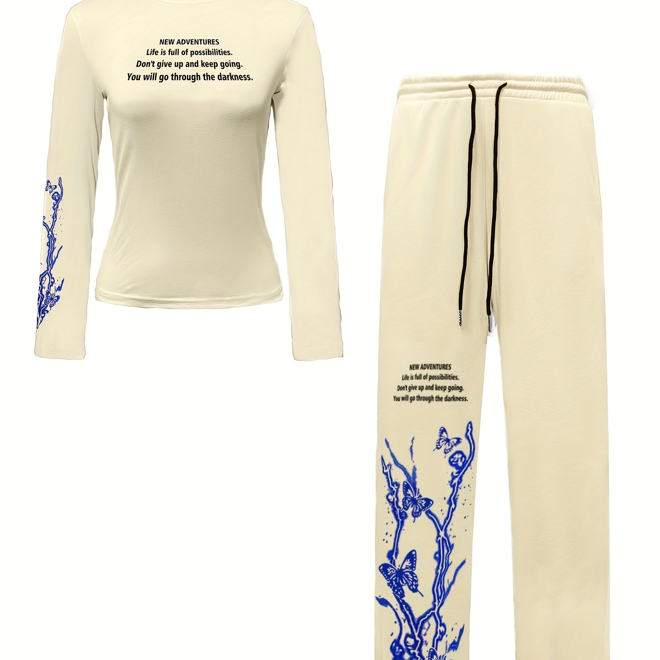 

Women's Elegant & Lightning Print High Neck Long Sleeve T-shirt And Sweatpants Set, 95% Polyester 5% Elastane, Knit Fabric, All Season Pullovers With Applique Detail