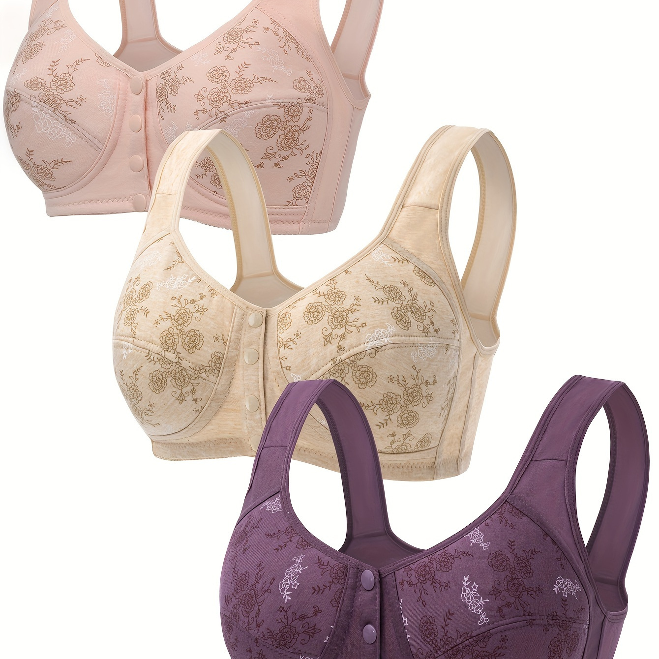 

Elegant 3pcs Floral Print Front Closure Bralettes - Full Coverage, High Support, Wireless For Women