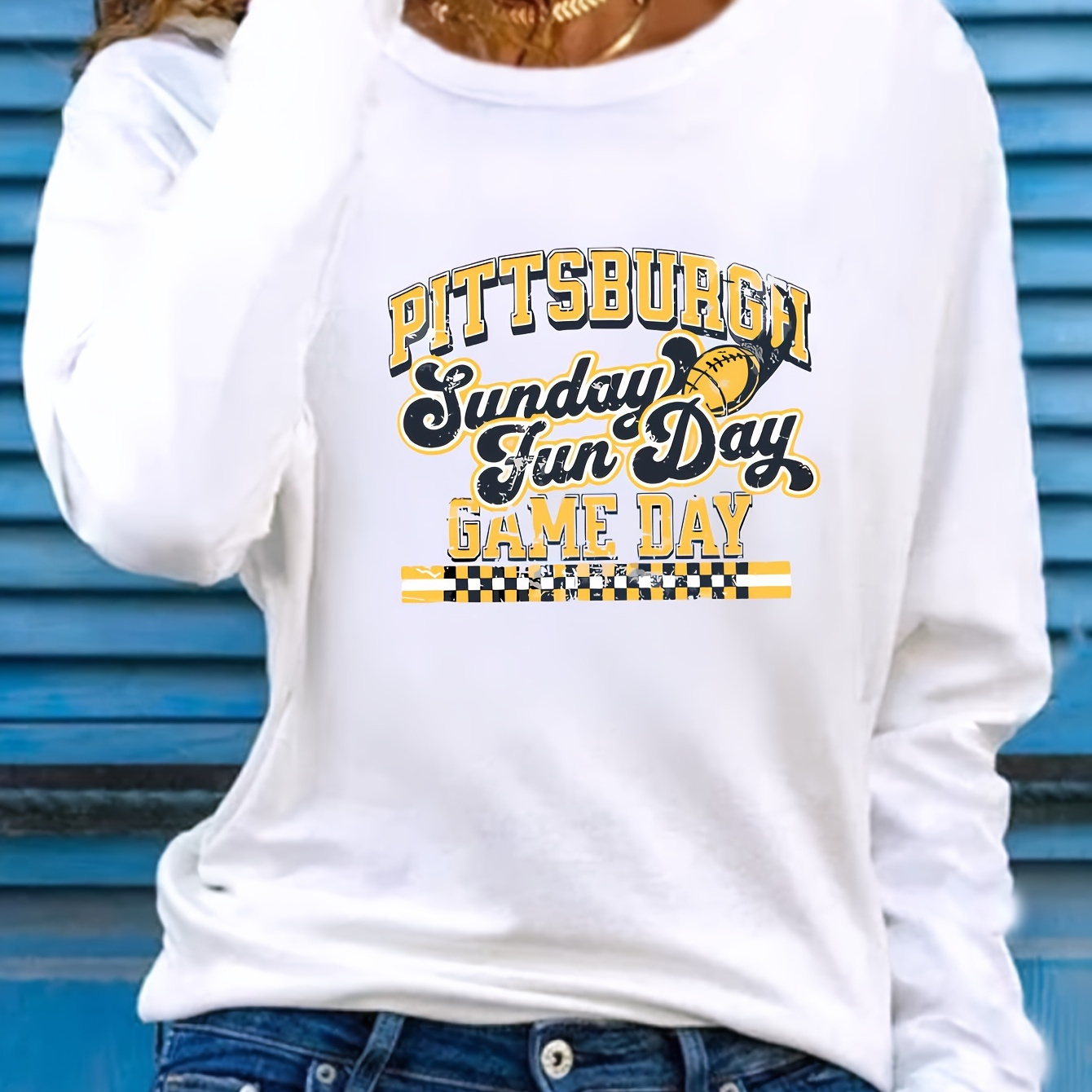 

Sunday Women's Long Sleeve T-shirt - Casual Crew Neck Applique Letter Pattern Top, 100% Polyester Knit Fabric, Wear