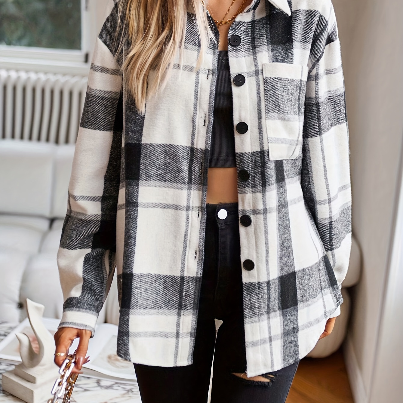 

Plaid Pattern Button Front Jacket, Casual Long Sleeve Outerwear For Spring & Fall, Women's Clothing