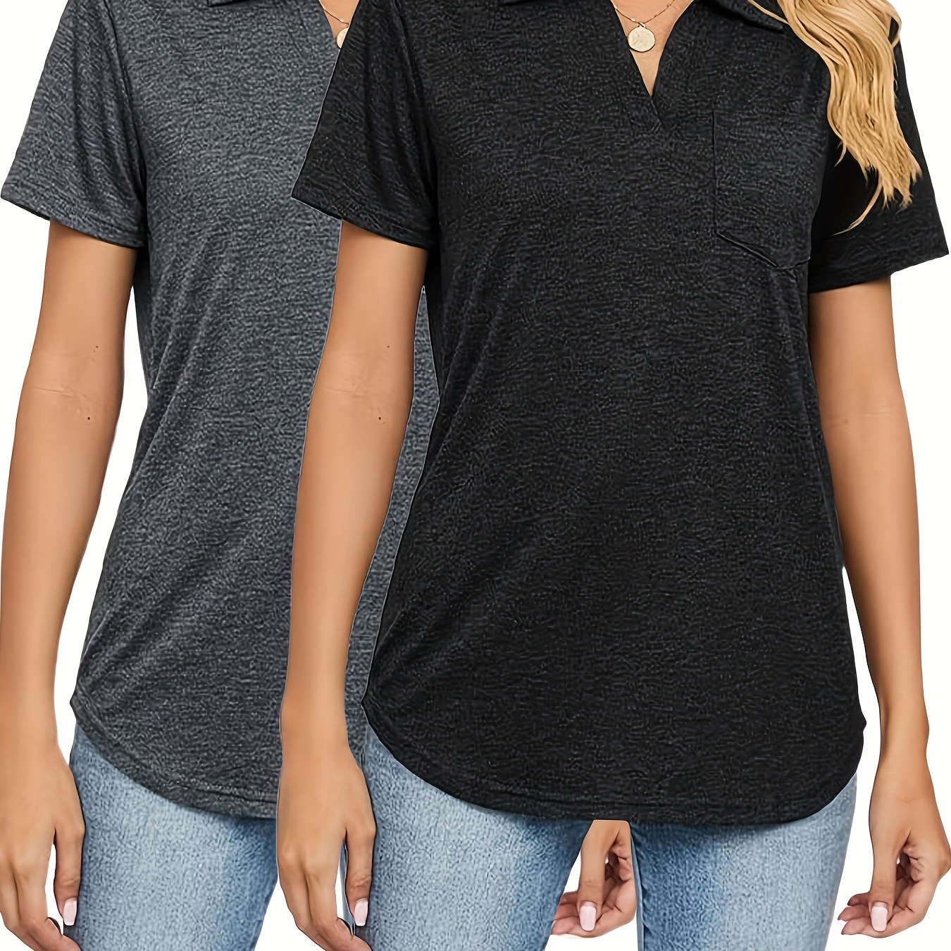 

Plus Size Solid Collared T-shirt 2 Pack, Casual Short Sleeve Curved Hem Top For Spring & Summer, Women's Plus Size Clothing
