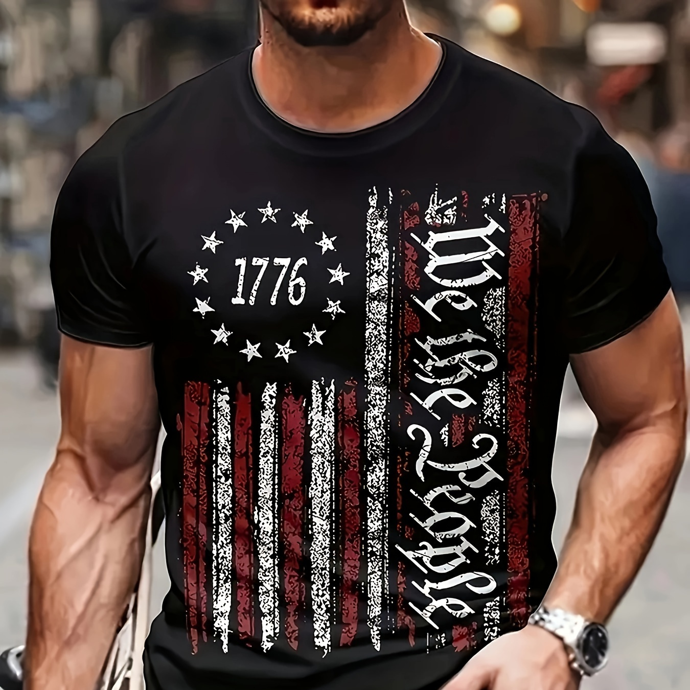 

Men's Chic And Stylish American Flag Pattern And Letter Print "we The People" T-shirt, Crew Neck And Short Sleeve Tops For Summer Outdoors Wear