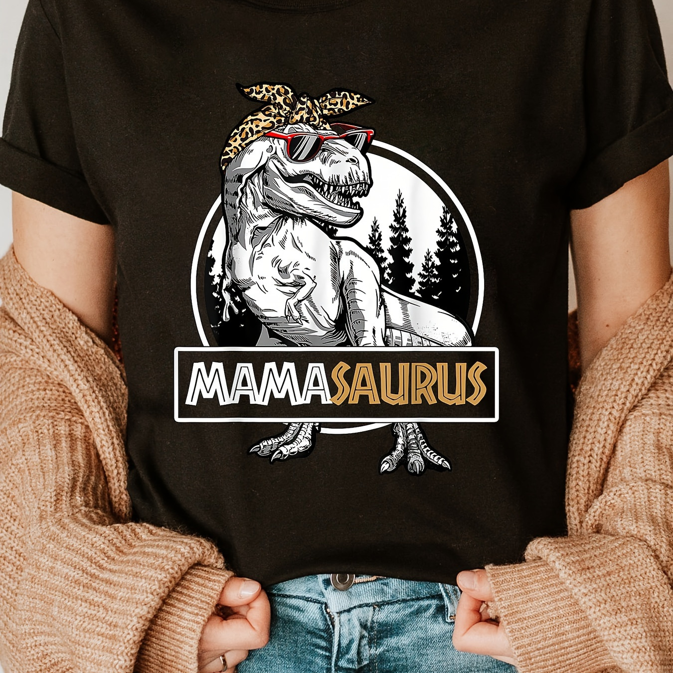 

Mamasaurus Print Crew Neck T-shirt, Short Sleeve Casual Top For Summer & Spring, Women's Clothing