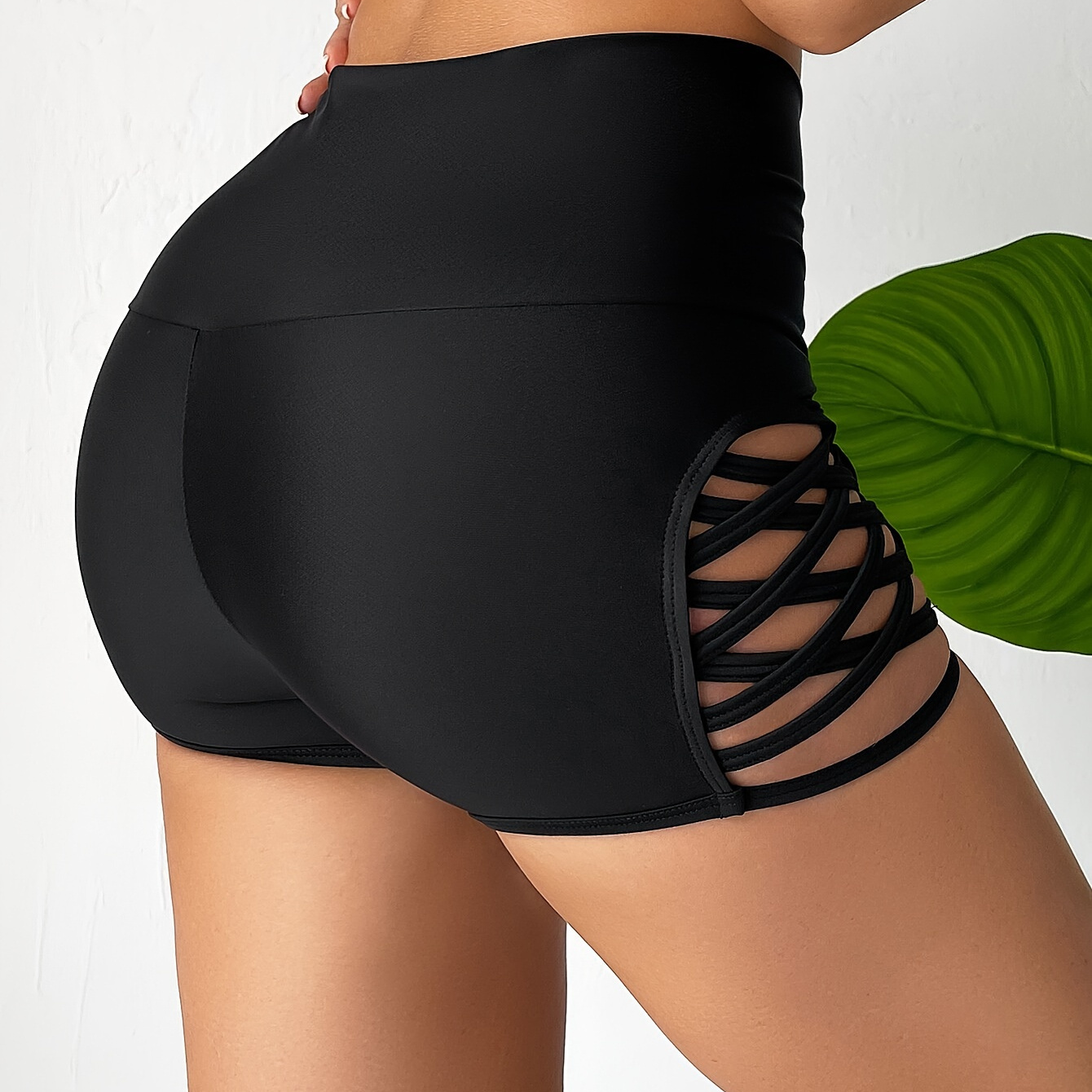 

Black Slim Fit Boxer Short Bottom, Sexy Style Cut Out Side High Waist Beachwear Bottom, Women's Swimwear & Clothing