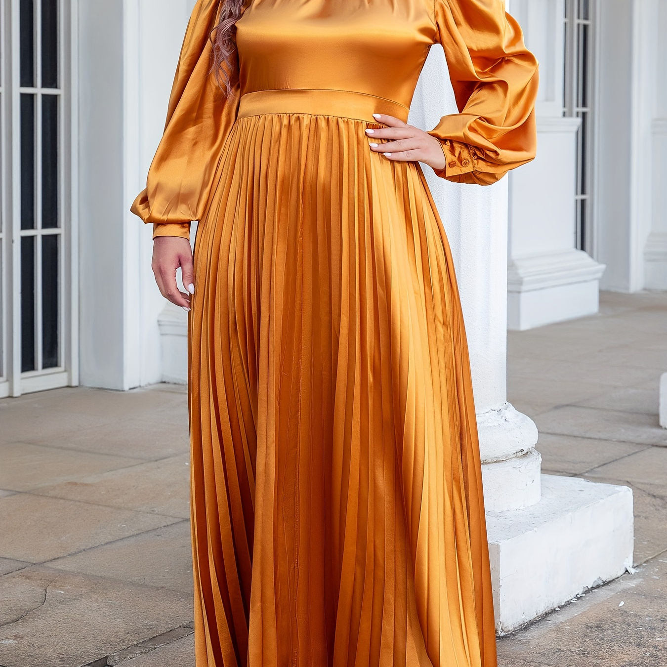 

Hot Selling Simulation Silk Lantern Sleeve Dress, Plus Size Round Neck Pleated High Waisted Long Skirt