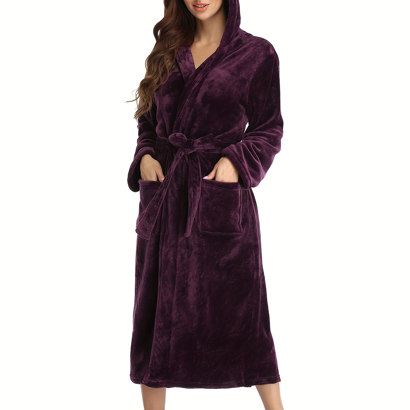 

Robe De Nuit En Peluche Solide, Robe À Capuche À Manches Longues Avec Ceinture Et Poches, Vêtements De Nuit Pour Femmes