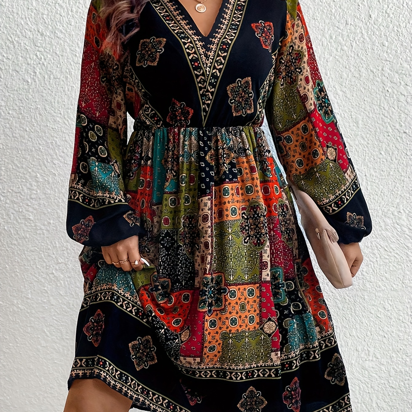 

Plus Size Bohemian Patchwork Geometric Pattern V-neck Lantern Sleeve Dress, Elegant Rayon , Fit And Flare, Non-stretch Woven Fabric, For