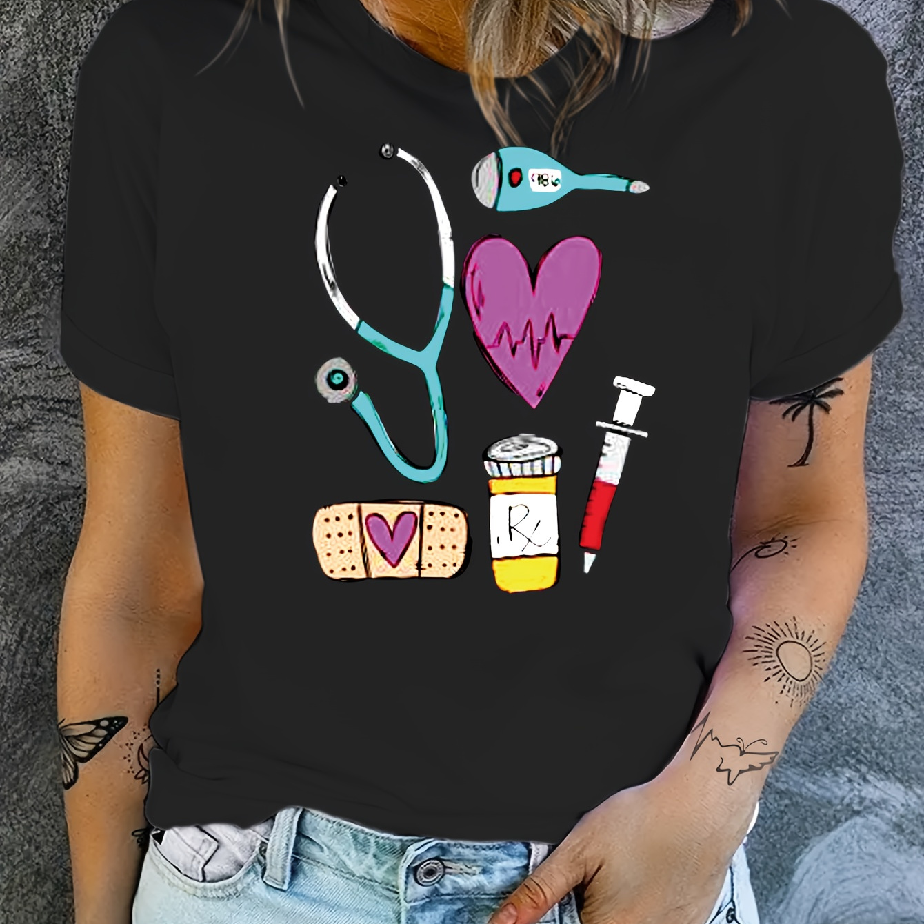 

Medical Tools Graphic Print T-shirt, Short Sleeve Crew Neck Casual Top For Summer & Spring, Women's Clothing