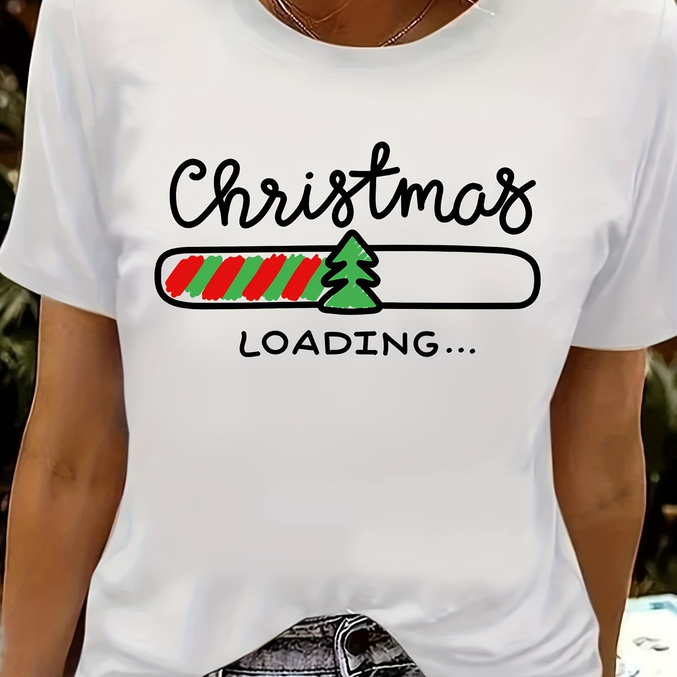 

Christmas Loading Print Tee, Casual Short Sleeve Crew Neck T-shirt, Women's Clothing