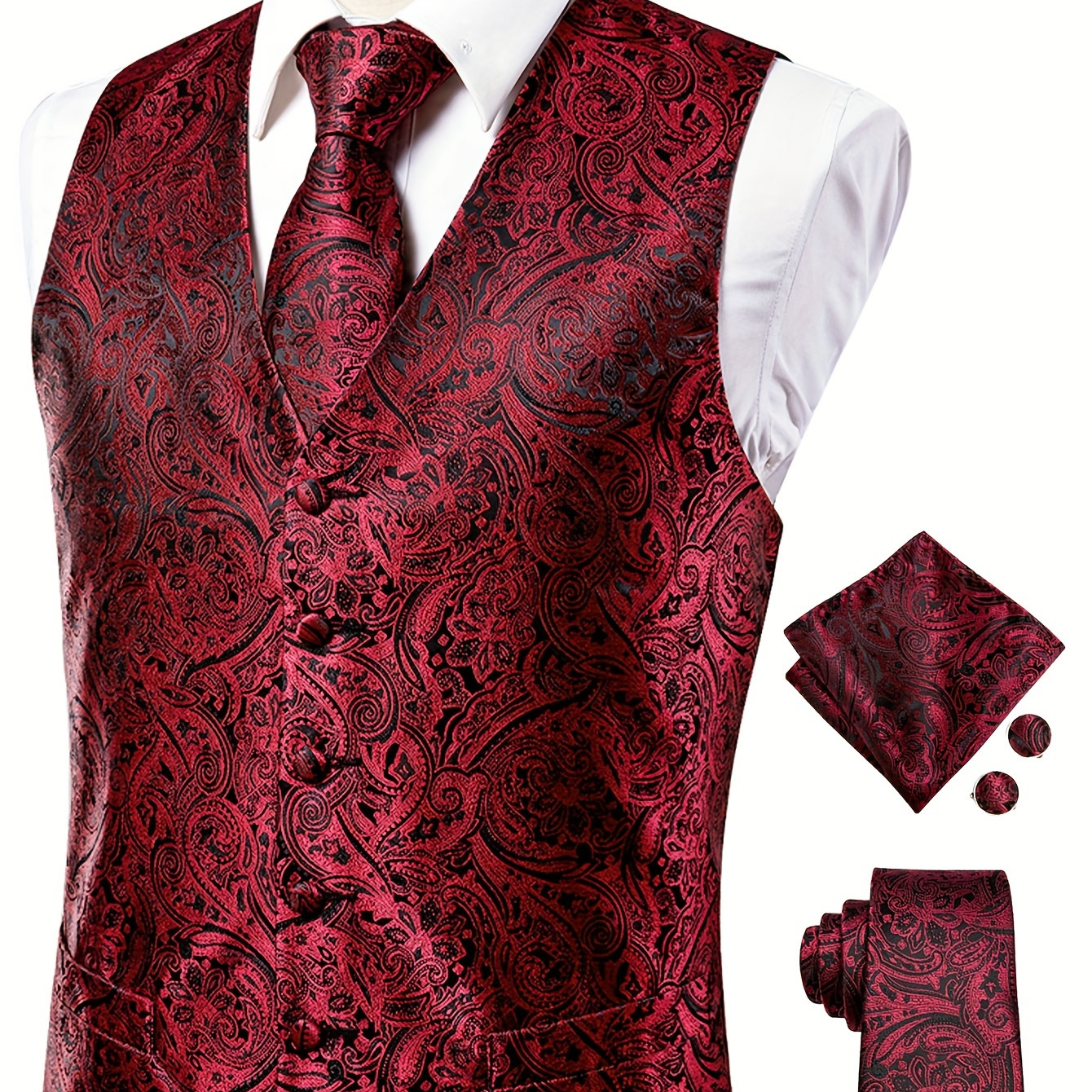 

Men's Fashion Jacquard Paisley Waistcoat With Necktie+ Hanky+ Cufflinks For Wedding/ Party Occasions