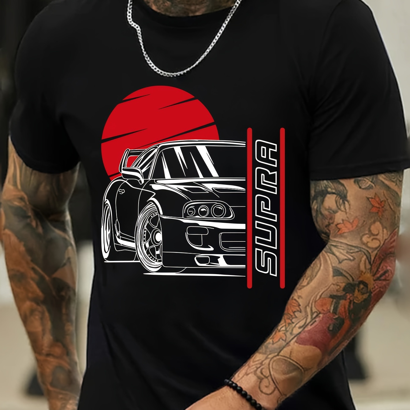 

Car Graphic Print T-shirt Men's Casual Style Summer And Autumn Slightly Elastic Round Neck T-shirt