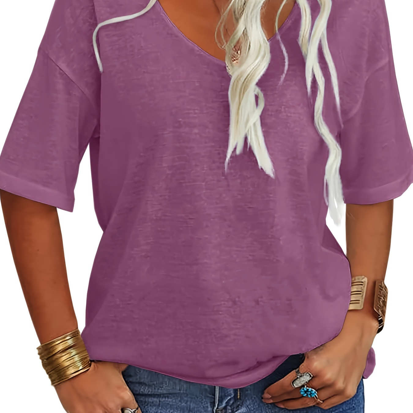 

Women Fashion V-neck Oversized T Shirt Solid Casual Loose Basic Tops