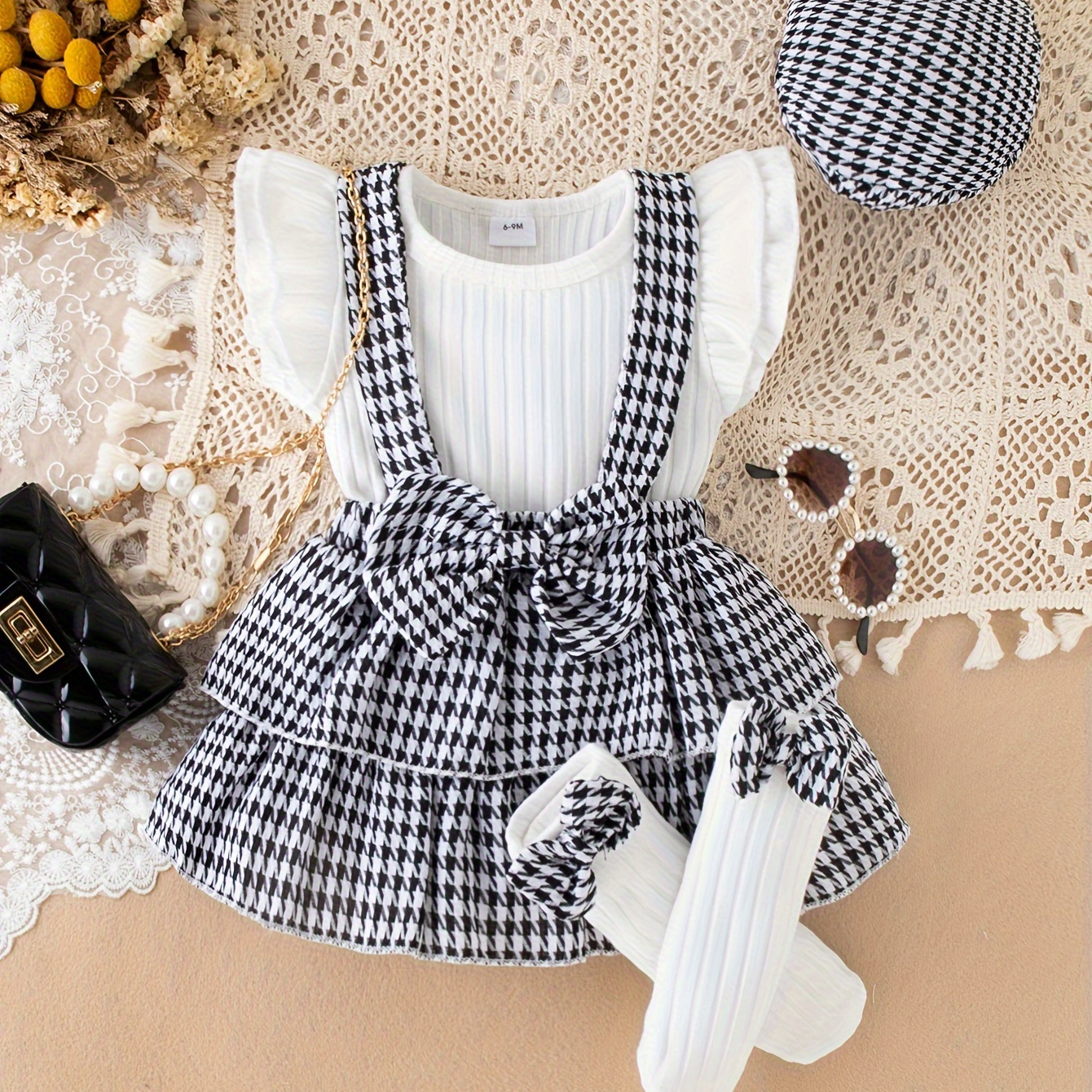 

Baby's Stylish Houndstooth Pattern 2pcs Summer Outfit, Cap Sleeve Ribbed Top & Overall Layered Skirt Set, Toddler & Infant Girl's Clothes