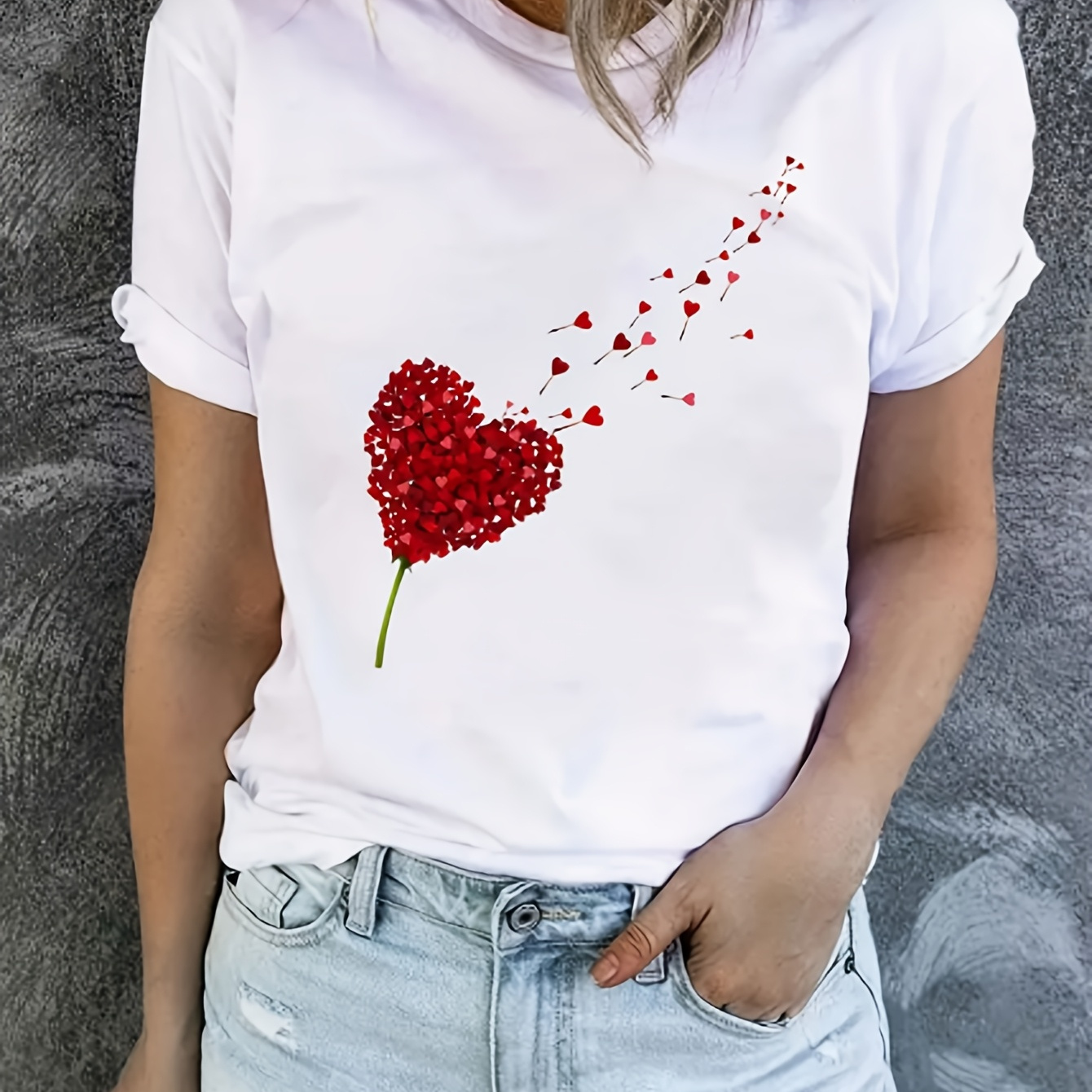 

Heart Neck T-shirt, Casual Short Sleeve Top For , Women's Clothing