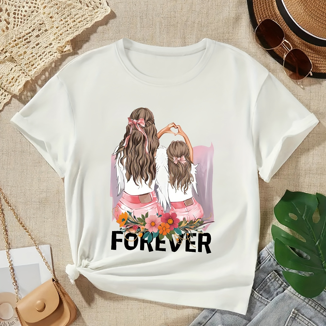 

2 Cute Cartoon Girls Forever Graphic Print, Girls' Casual Crew Neck Short Sleeve T-shirt, Comfy Top Clothes For Spring And Summer For Outdoor Activities