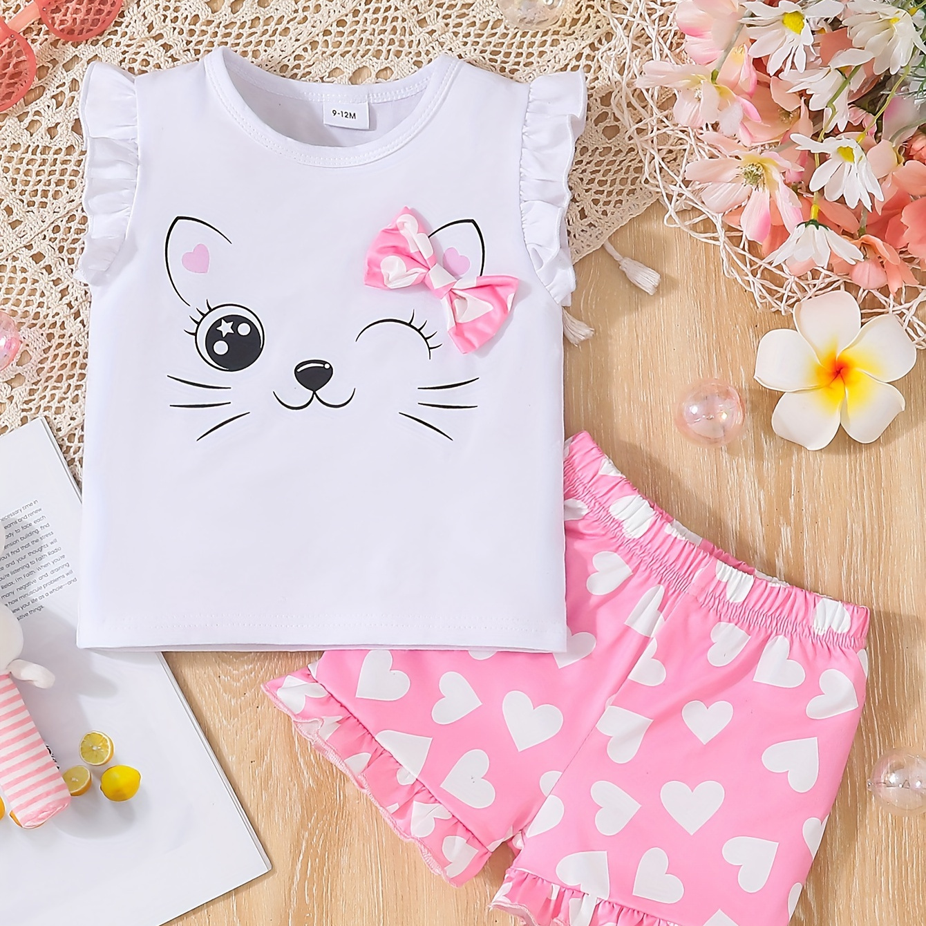 

Baby's Cute Bowknot Decor Cat Print 2pcs Summer Casual Outfit, Sleeveless Top & Heart Pattern Ruffle Trim Shorts Set, Toddler & Infant Girl's Clothes For Daily/holiday, As Gift