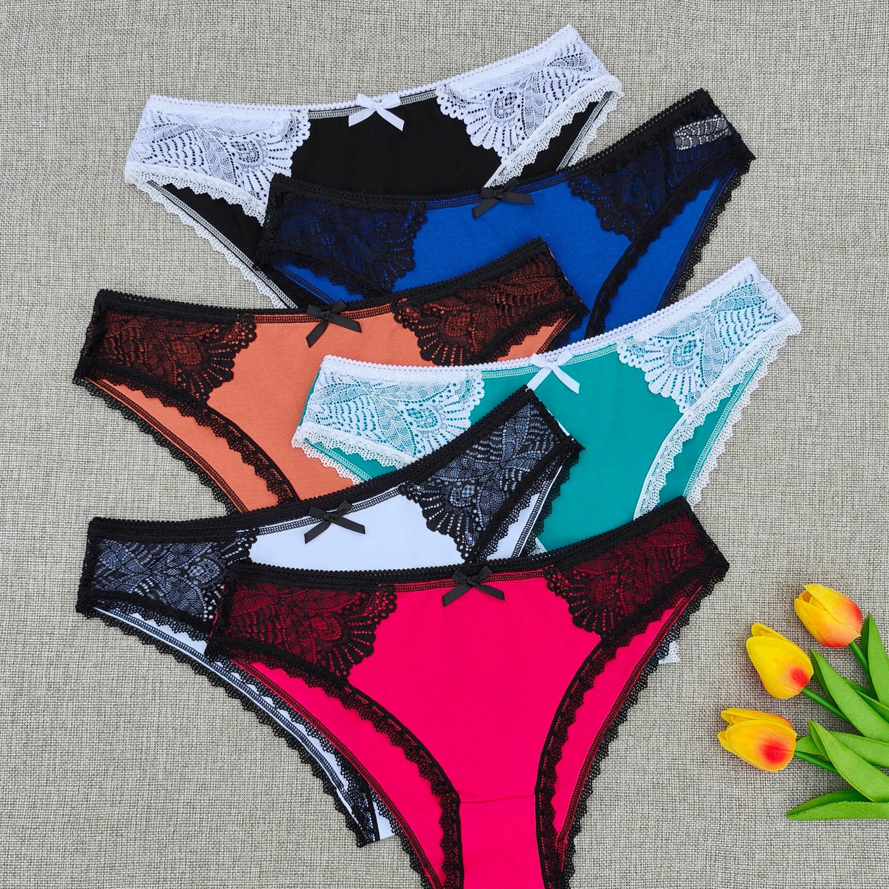 

6pcs Bow Decor Floral Lace Color Block Briefs, Elegant Comfy Breathable Stretchy Intimates Panties, Women's Lingerie & Underwear