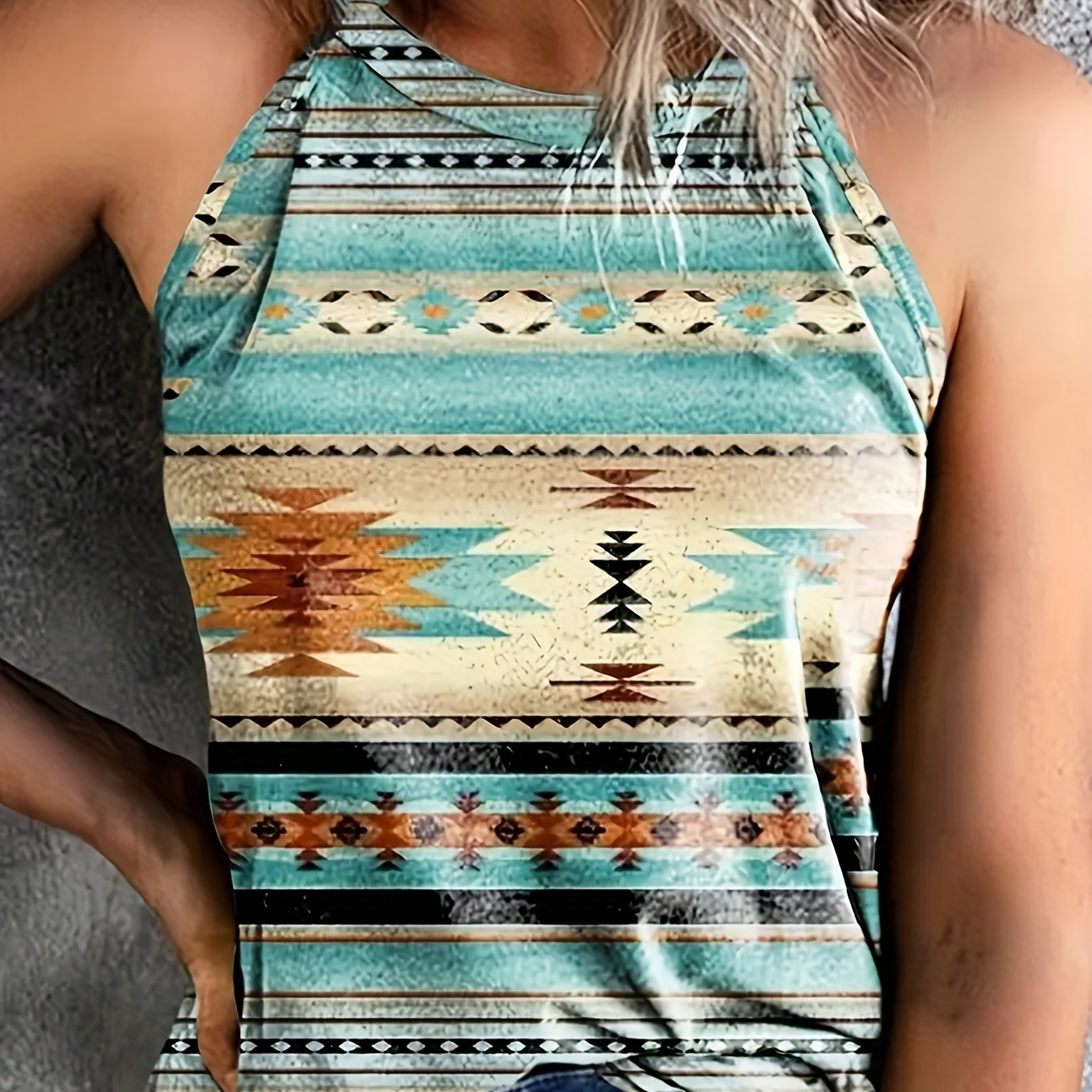 

Aztec Print Sleeveless Top, Casual Crew Neck Comfy Summer Tank Top, Women's Clothing