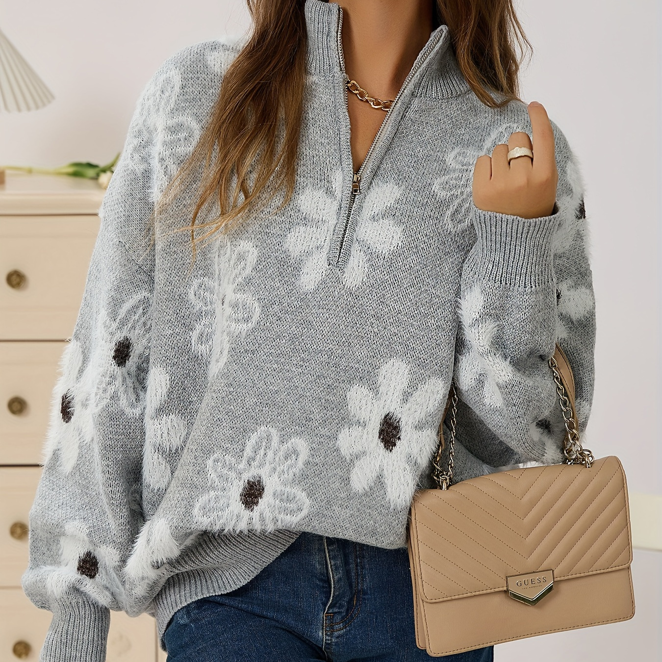 

Women's Casual Long Sleeve Knit Sweater With Floral Pattern, Mock Neck, Acrylic Fabric, Autumn And Winter Wear