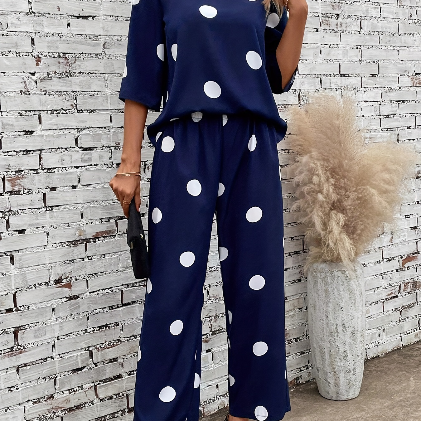 

Polka Dots Pattern Elegant Pants Set, Crew Neck Top & Pants Outfits For Spring & Summer, Women's Clothing