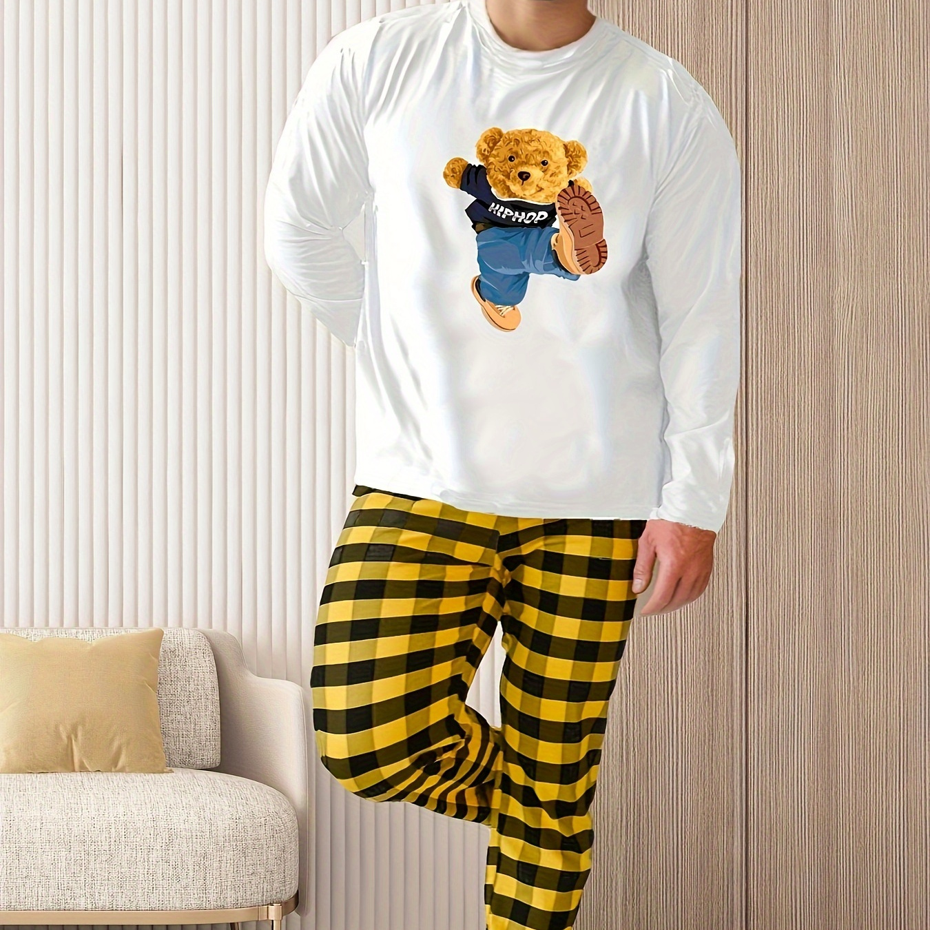 

Men's Simple Style Casual Pajamas Sets, Creative Bear Graphic Print Long Sleeve Crew Neck Top & Loose Checkered Pants Lounge Wear, Outdoor Sets For Spring Autumn