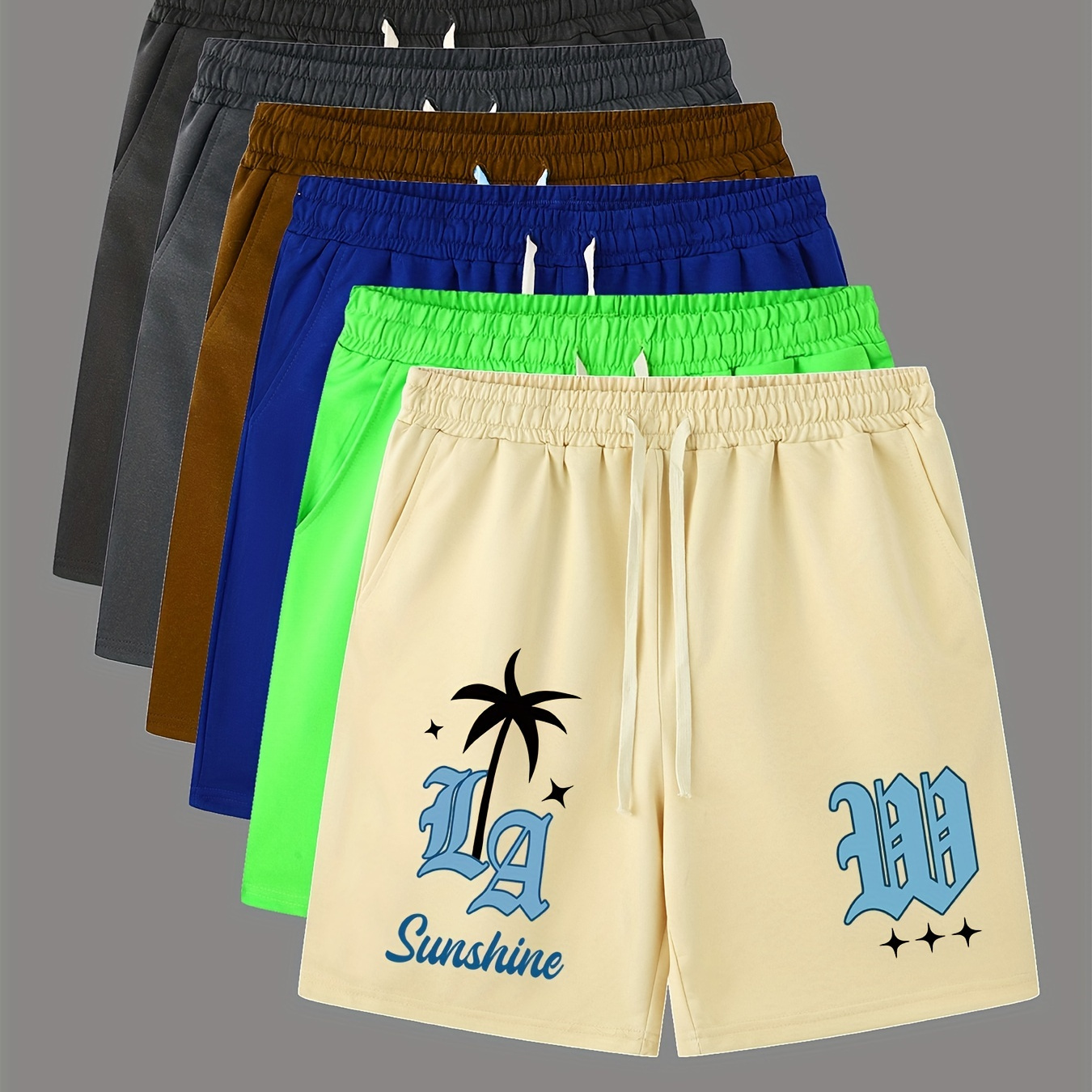 

Coconut Palm Pattern Letter Print Comfy Shorts, Men's Casual Slightly Stretch Elastic Waist Drawstring Shorts For Summer Basketball Beach Resort