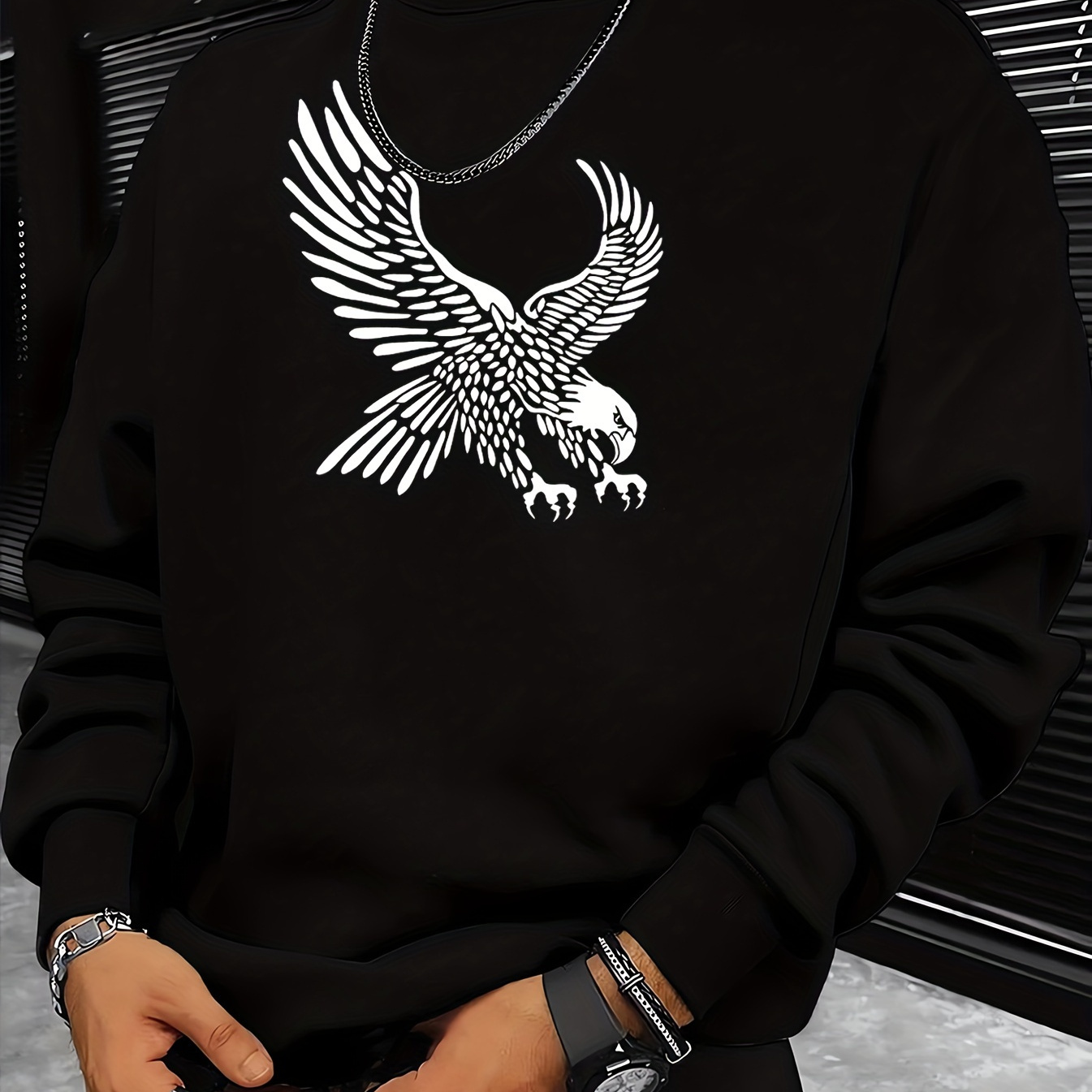 

Eagle Print, Fashionable Crew Neck Pullover Long Sleeve Men's Sweatshirt For Outdoor Sports, For Fall Spring Winter