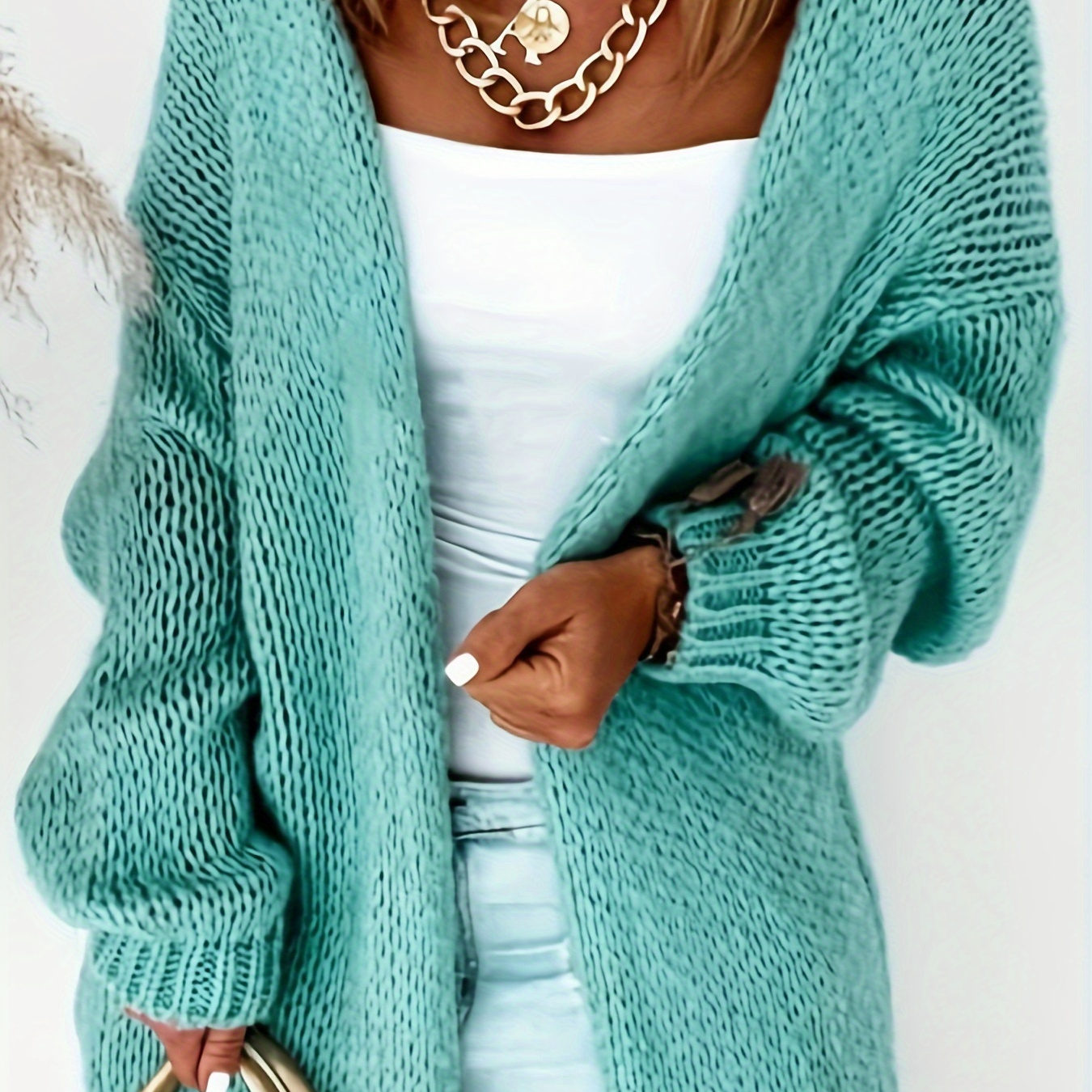 

Plain Color Open Front Knitted Cardigan, Elegant Long Sleeve Drop Shoulder Cardigan For Spring & Fall, Women's Clothing