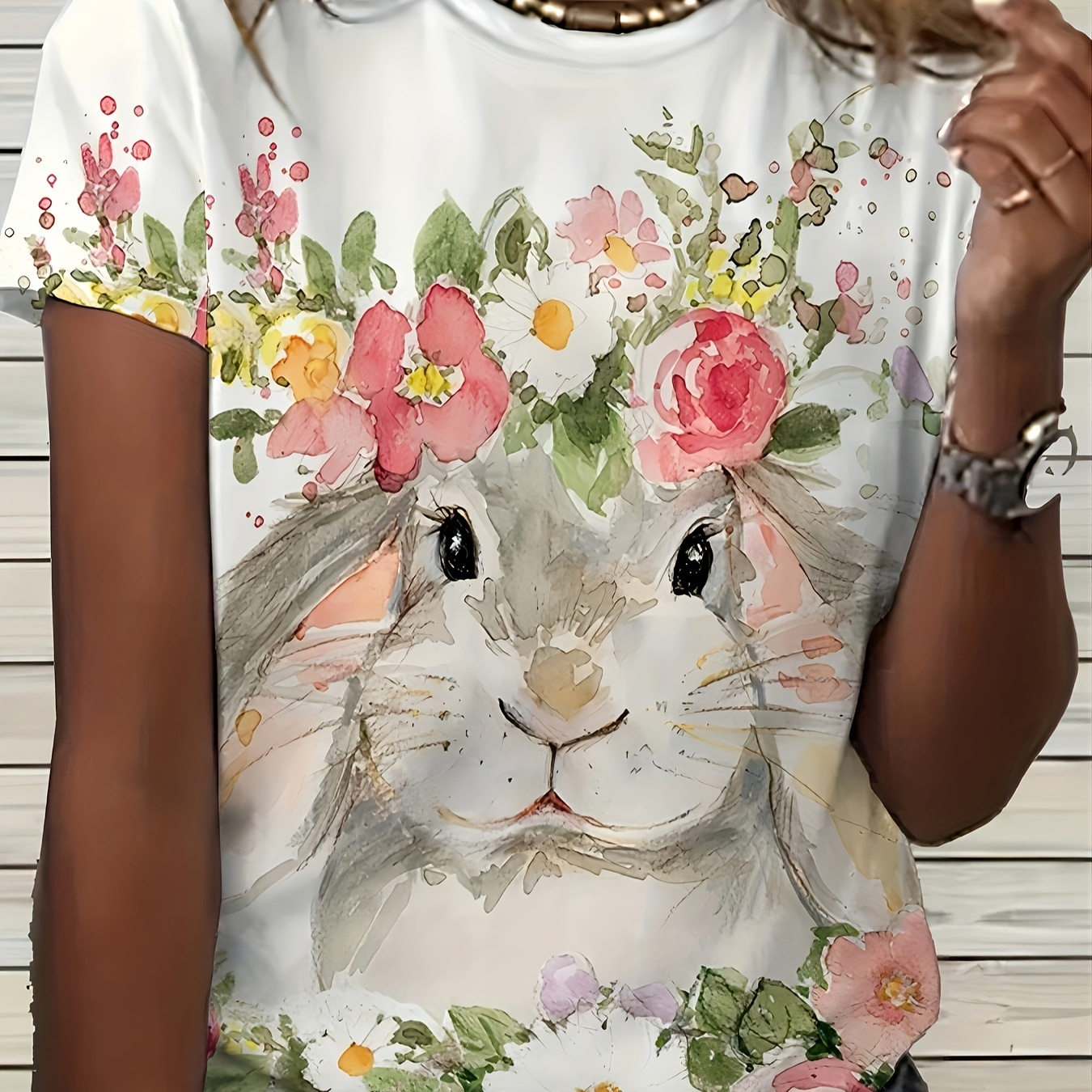 

Animal & Floral Print Crew Neck T-shirt, Casual Short Sleeve Top For Spring & Summer, Women's Clothing