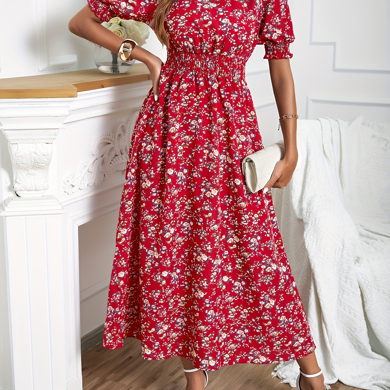 

Floral Print Crew Neck Dress, Elegant Puff Sleeve Shirred Dress For Spring & Summer, Women's Clothing
