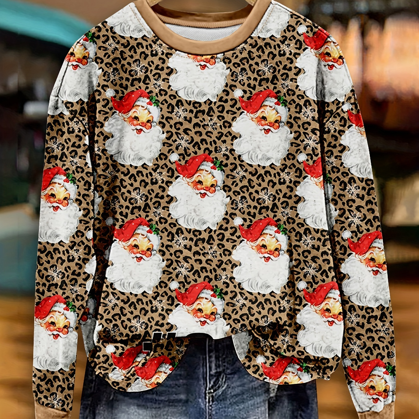 

240g Cvc Sweater Hanger Round Neck Drooping Sleeve Women's Sweater Women's Clothing Plus Santa Claus And Leopard Drooping Long Sleeve Sweater