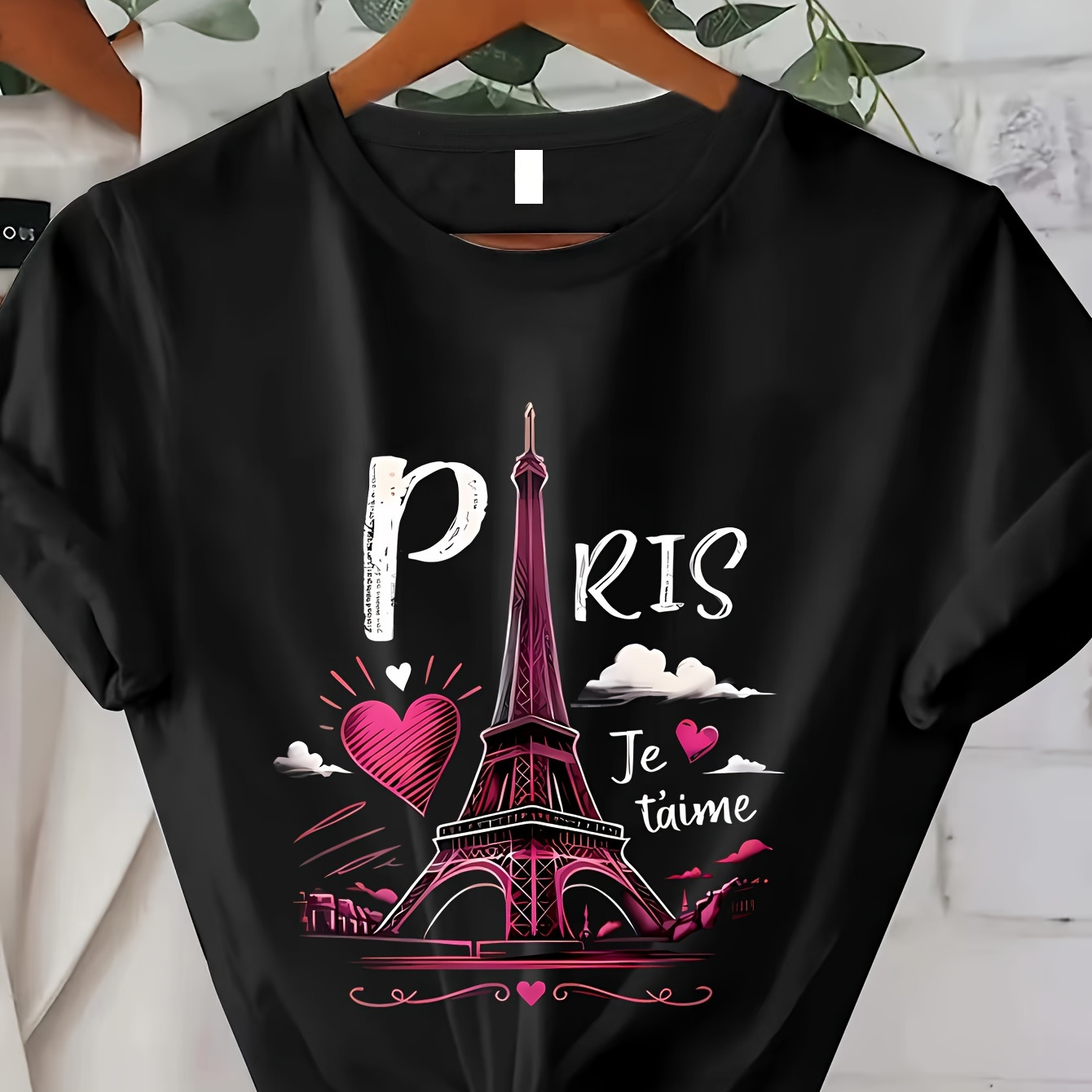 

Paris Eiffel Tower Graphic T-shirt - 100% Polyester Casual Crew Neck Tee - Regular Fit Geometric Pattern Knit Fabric - Spring/summer Collection