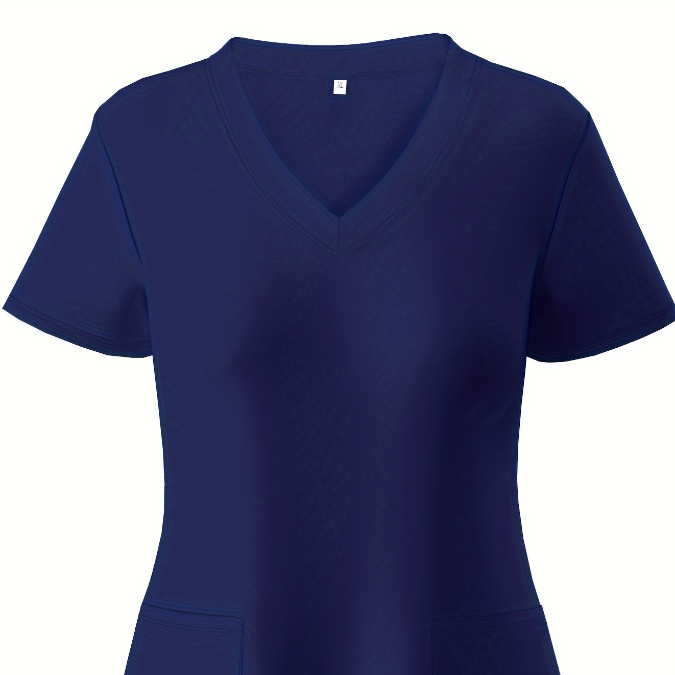 

Plus Size Solid Color Stretchy Dual Pockets V-neck Top, Comfortable & Functional Health Care Short Sleeve Uniform For Nurse, Women's Plus Size Clothing