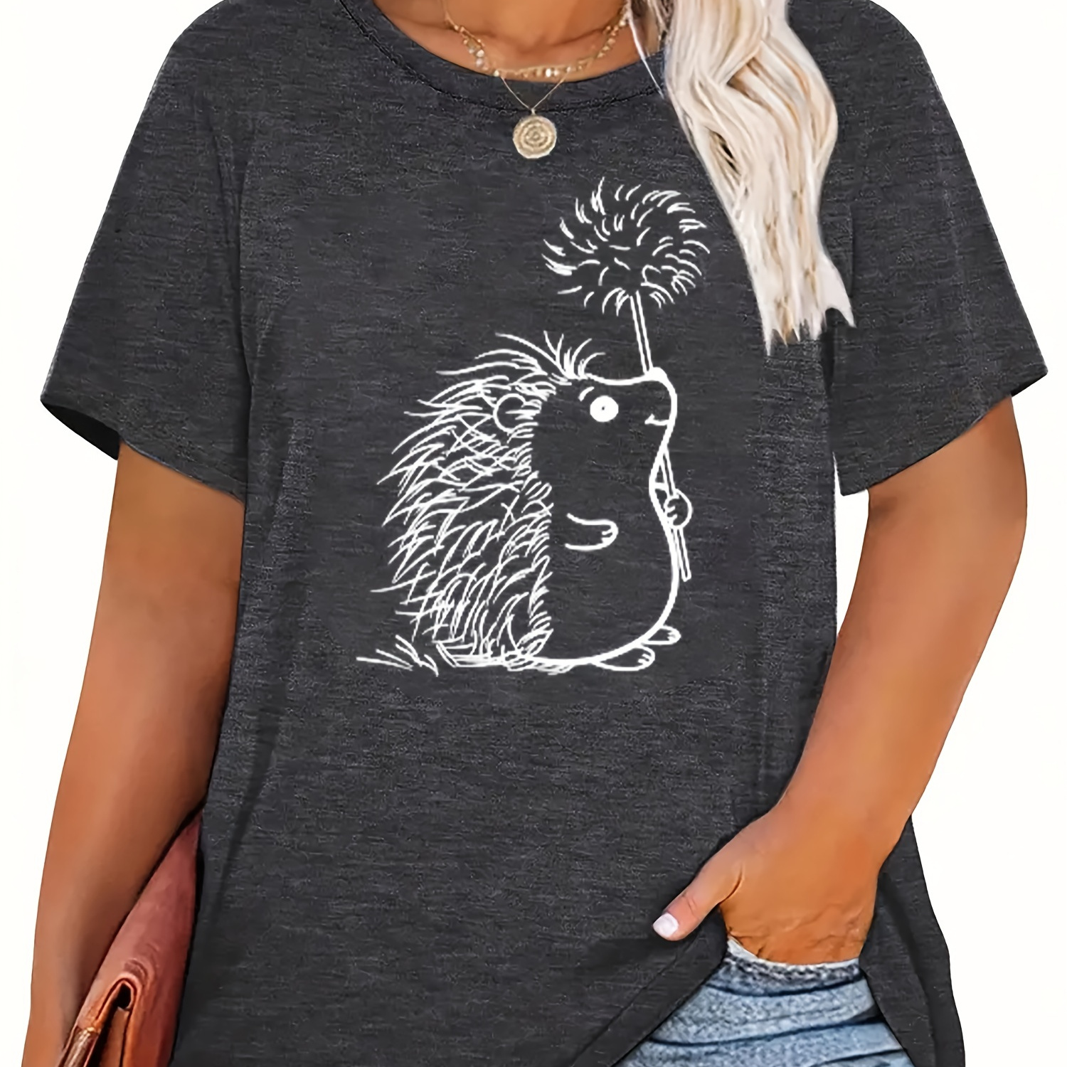 

Plus Size Hedgehog & Dandelion Print T-shirt, Casual Short Sleeve Top For Spring & Summer, Women's Plus Size Clothing