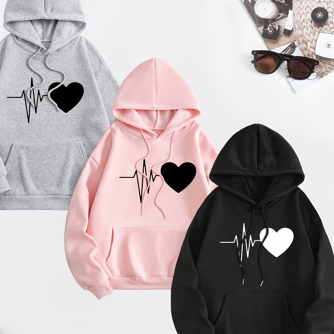 

3-pack Heart Print Kangaroo Pocket Hoodie, Casual Long Sleeve Drawstring Hoodies Sweatshirt, Women's Clothing