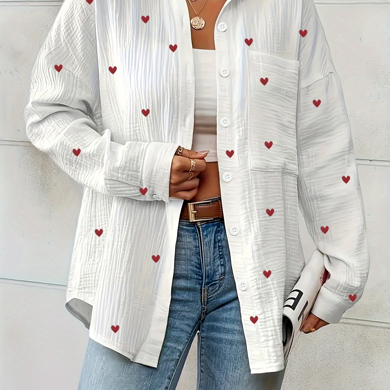 

Heart Print Button Front Shirt, Cute Long Sleeve Pocket Shirt For Spring & Fall, Women's Clothing, Valentine's Day