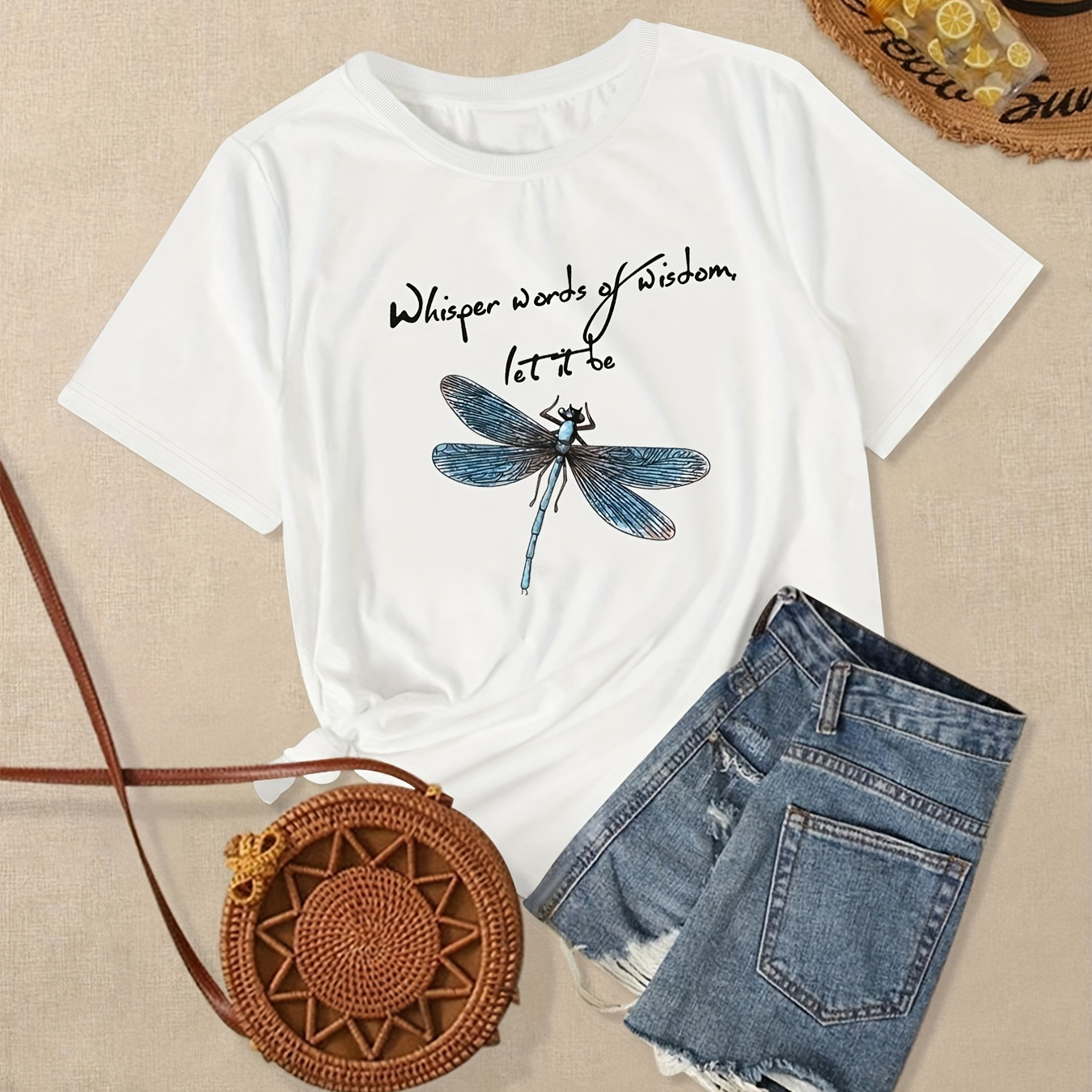 

Plus Size Dragonfly & Letter Print Short Sleeve T-shirt, Women's Plus Slight Stretch Round Neck Casual T-shirt