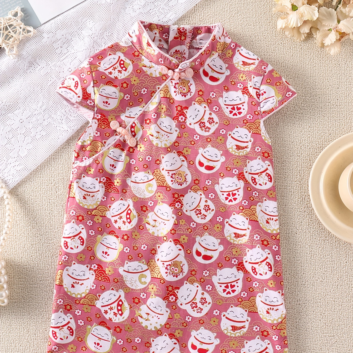 

Cute Kitty Graphic Short Sleeve Chinese Qipao Dress For Girls Summer