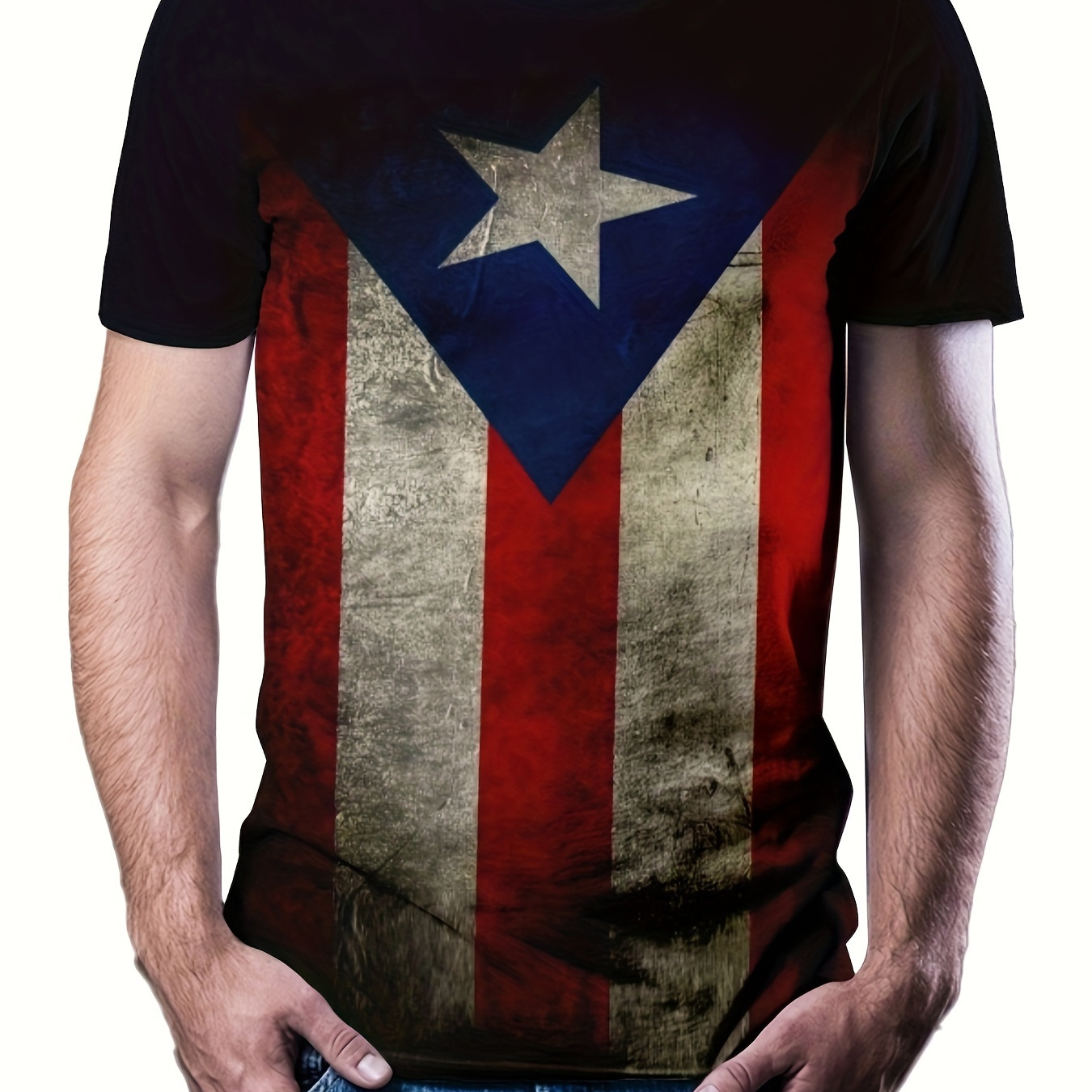 

Men's Puerto Rico Flag Printed T-shirt, Comfy Elastic Breathable Short Sleeve Tops, Men's Clothing, Summer