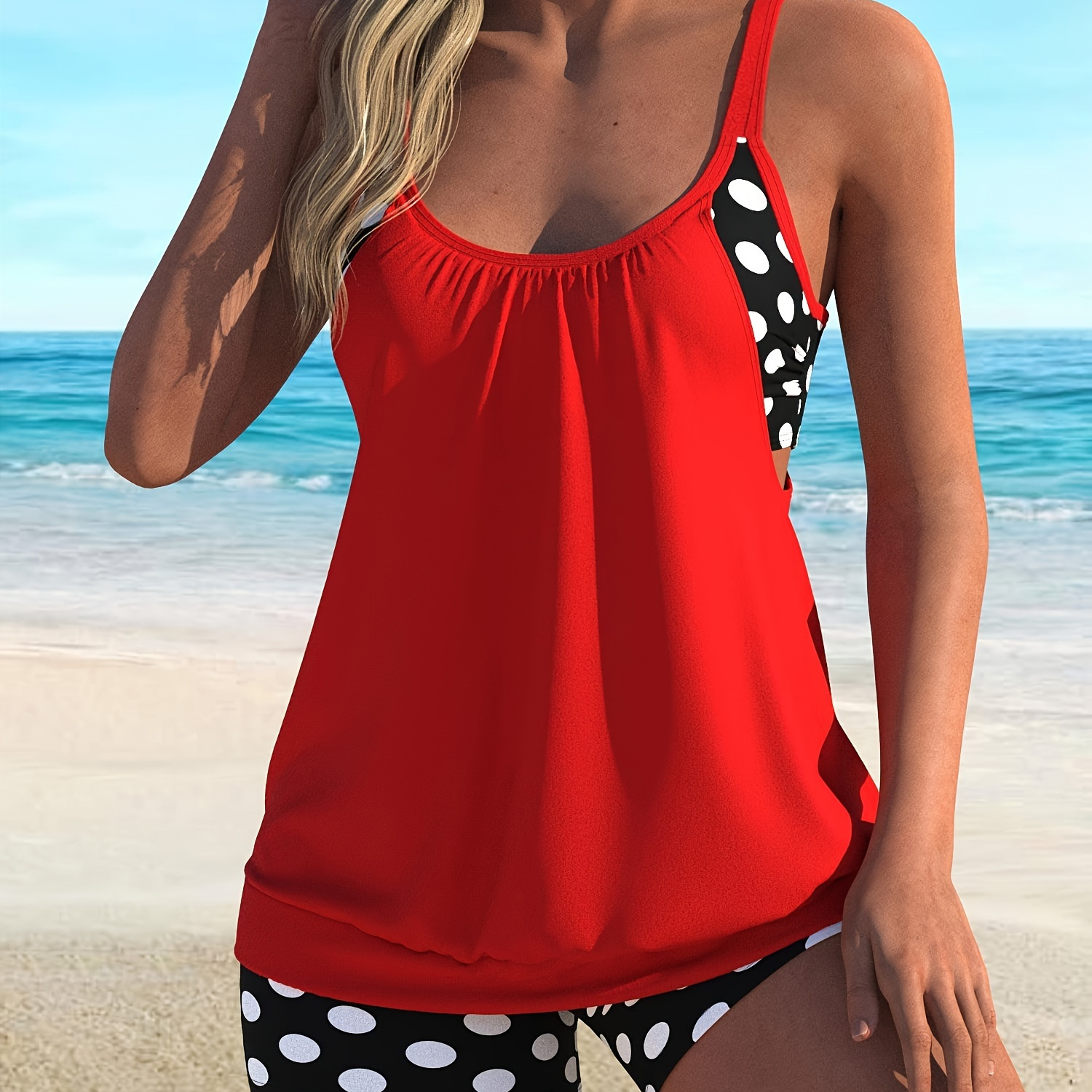 

Women's Polka Dots Print Tankini Swimsuit Set, Two-piece Swimwear Top With Boyshorts, Scoop Neck, Beachwear