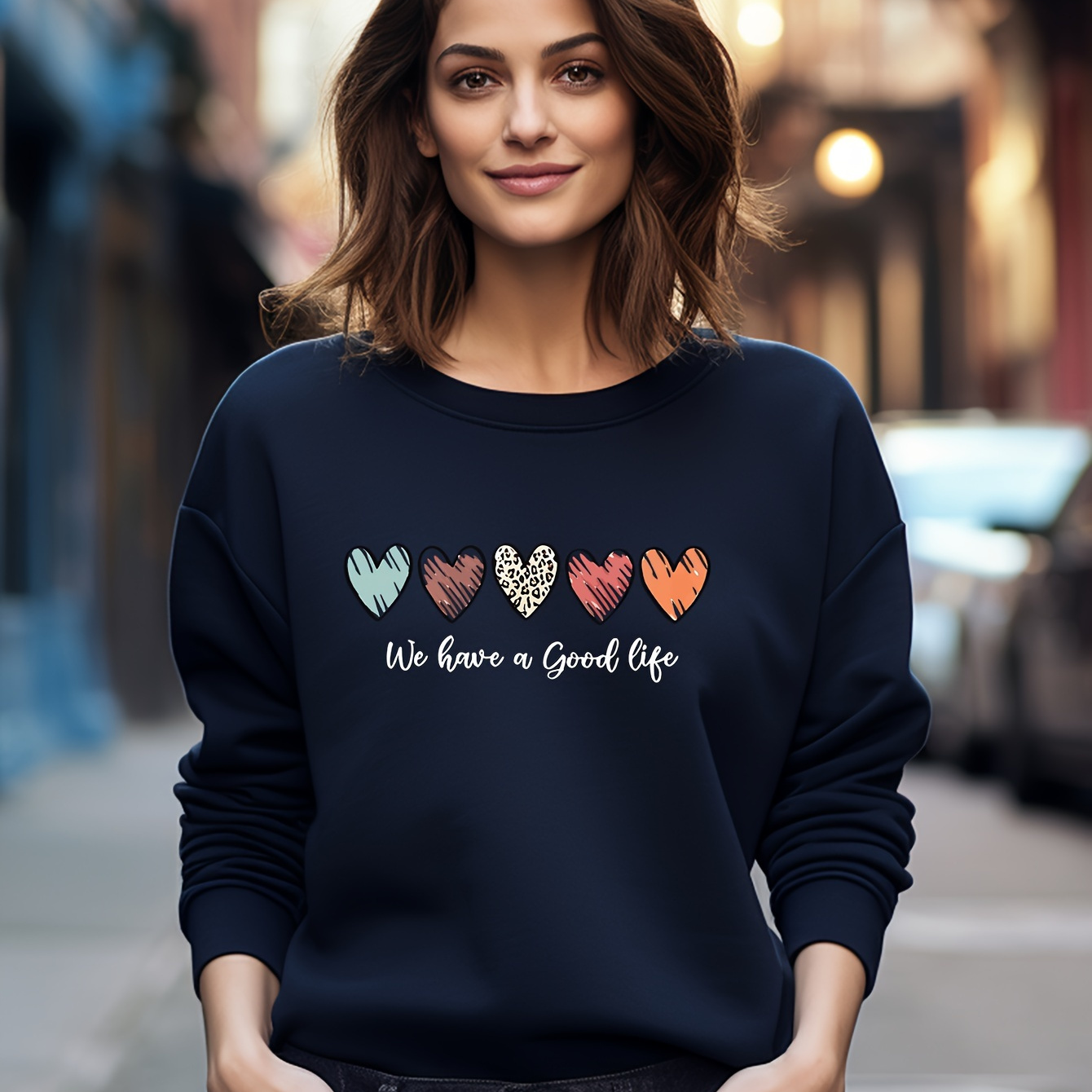 

Heart Print Fleece Lined Warm Crew Neck Sweatshirt, Long Sleeve Pullover Sports Sweatshirt, Women's Clothing