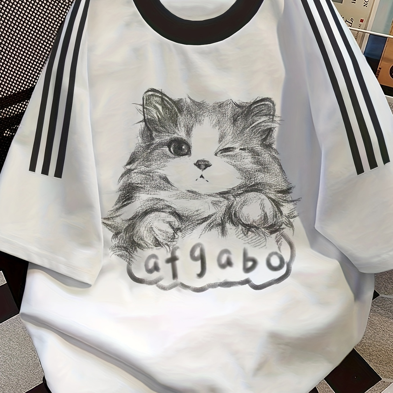 

Cat Print Short Sleeve T-shirt, Casual Crew Neck Striped Top For Spring & Summer, Women's Clothing
