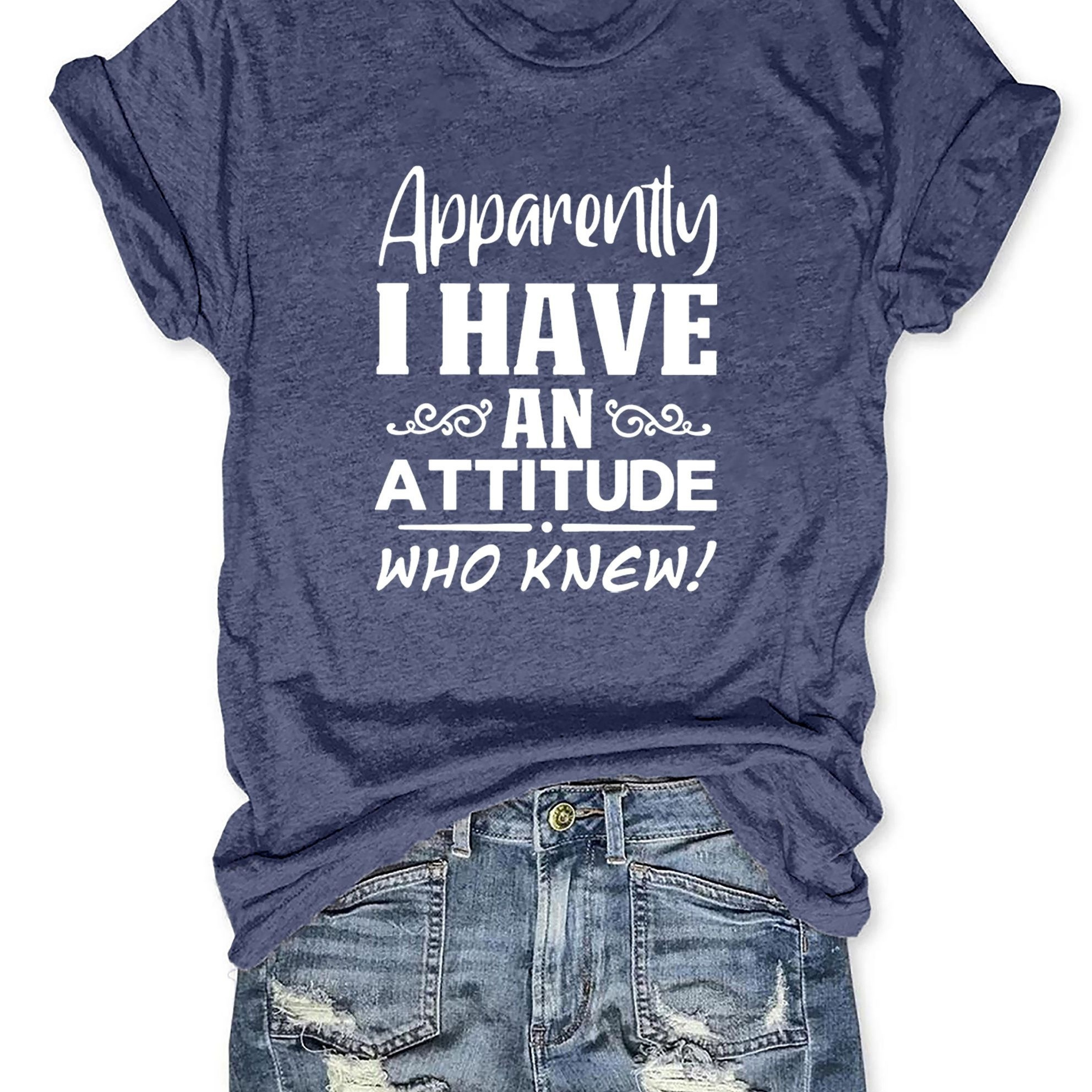 

Attitude Print Crew Neck T-shirt, Casual Short Sleeve Top For Spring & Summer, Women's Clothing