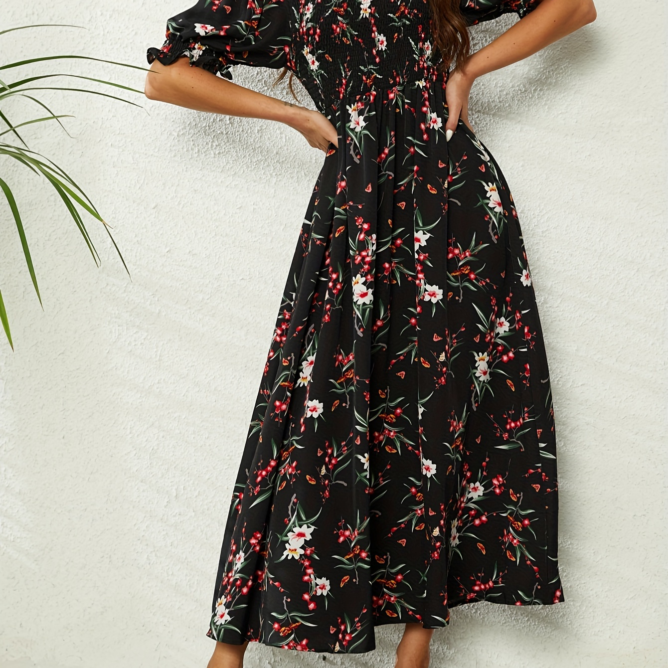 

Floral Print Square Neck Shirred Maxi Dress, Boho Puff Short Sleeve Dress For Spring & Summer, Women's Clothing