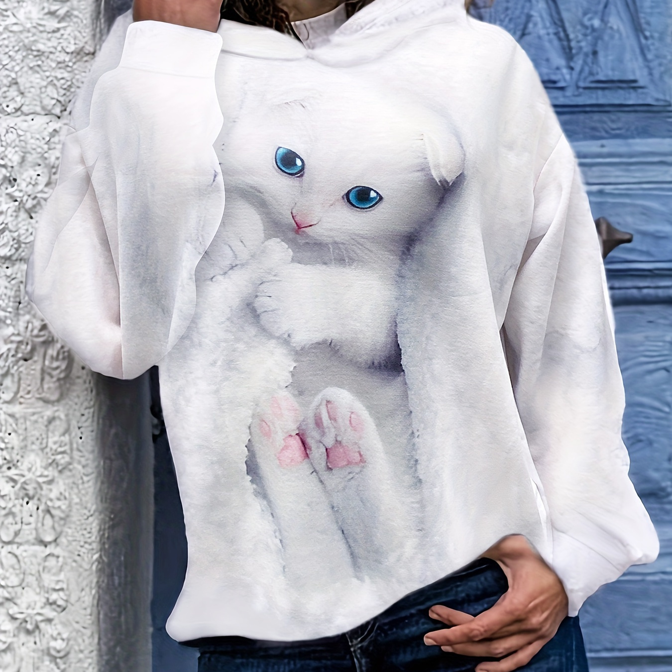 

Cute Cat Print Hoodie, Casual Long Sleeve Hoodie For Spring & Fall, Women's Clothing