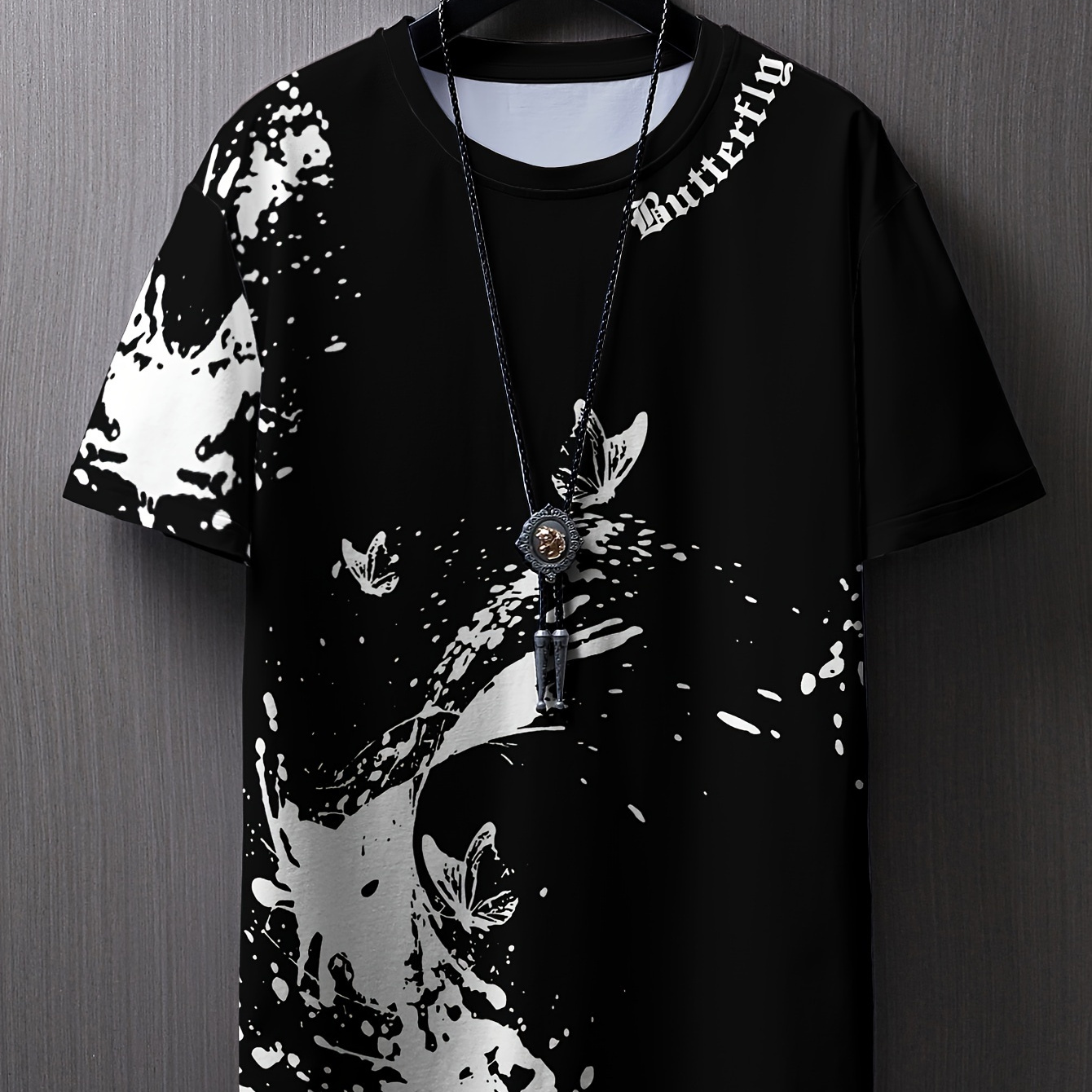 

[ ] Men's Casual Print T-shirt - Soft Polyester, Short Sleeve, Round Neck, Machine Washable, Summer & White Splatter Design, Shirt