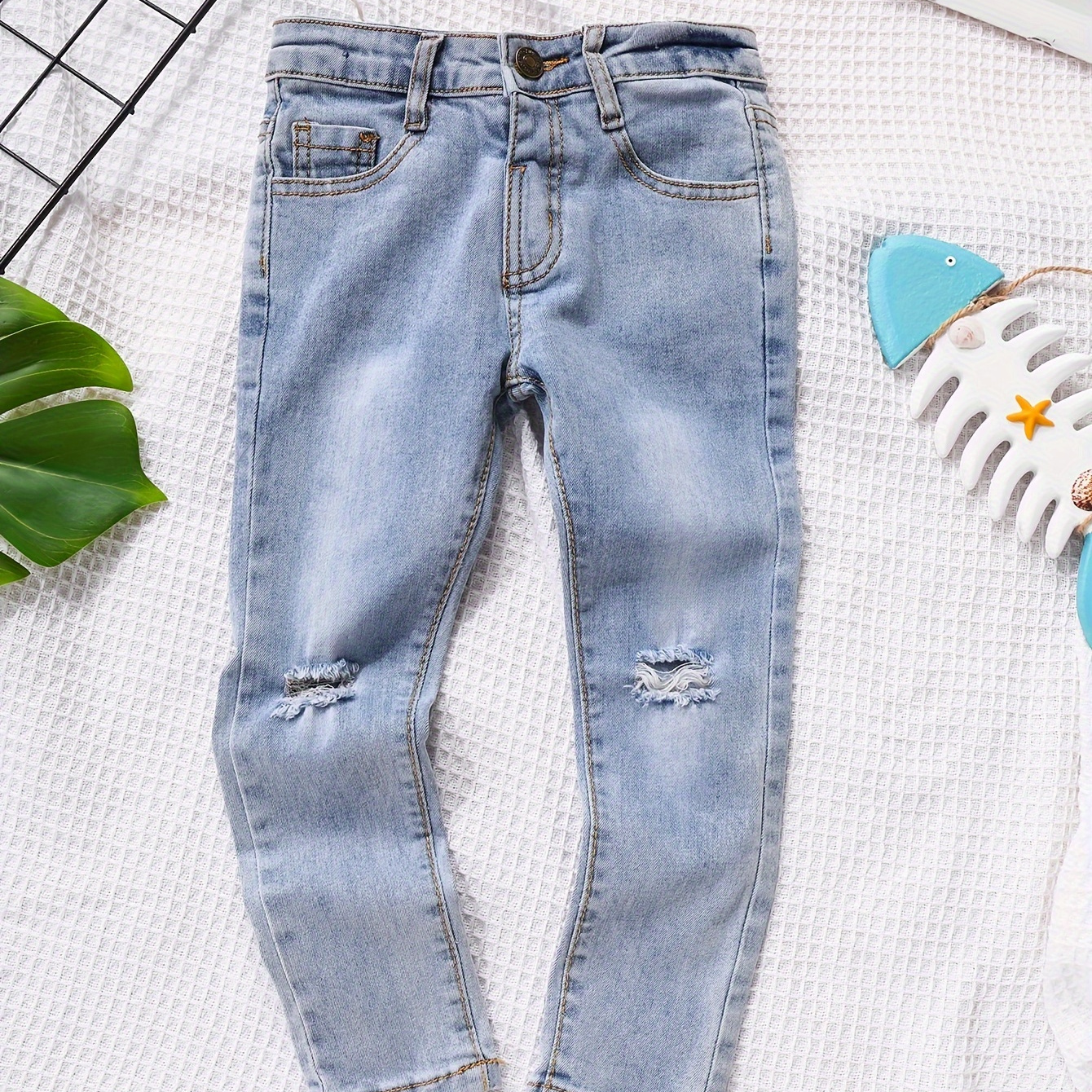 

Boys' Casual Stretchy Ripped Jeans, Light Blue Denim Pants, Comfort Fit Elastic Waist Pants For Kids