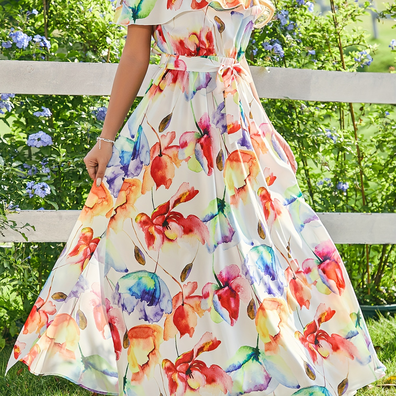 

Floral Print Off Shoulder Dress, Elegant Short Sleeve Belted Dress For Spring & Summer, Women's Clothing