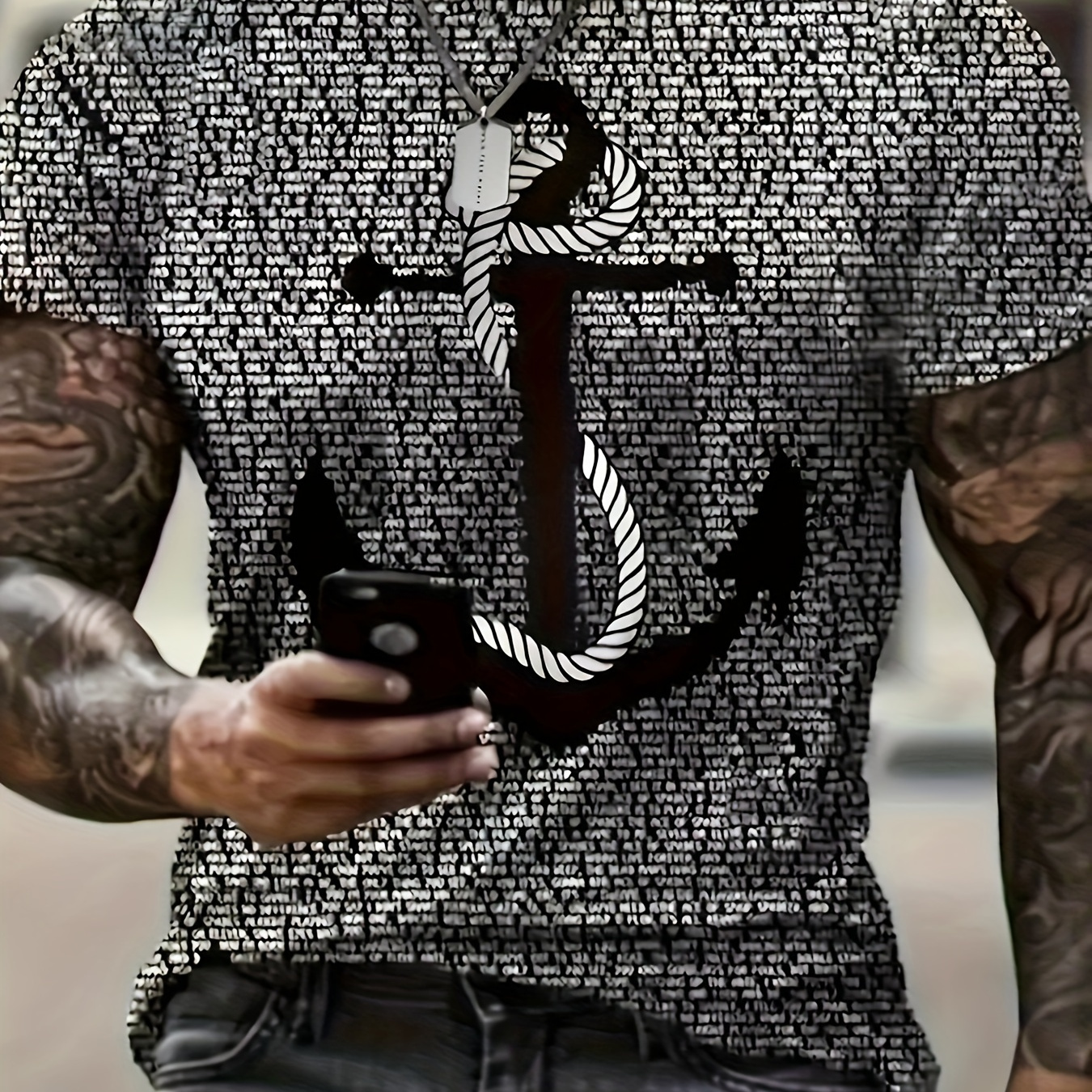 

Men's Anchor Graphic Print T-shirt, Casual Short Sleeve Crew Neck Tee, Men's Clothing For Summer Outdoor