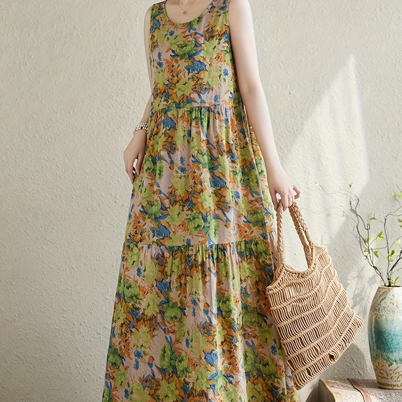 

Summer Bohemian Floral Print Maxi Dresses For Women - Tunic Dress With Crew Neck, Middle-eastern Style, Lightweight Woven Rayon Fabric, Sleeveless Beach Sundress For Adults